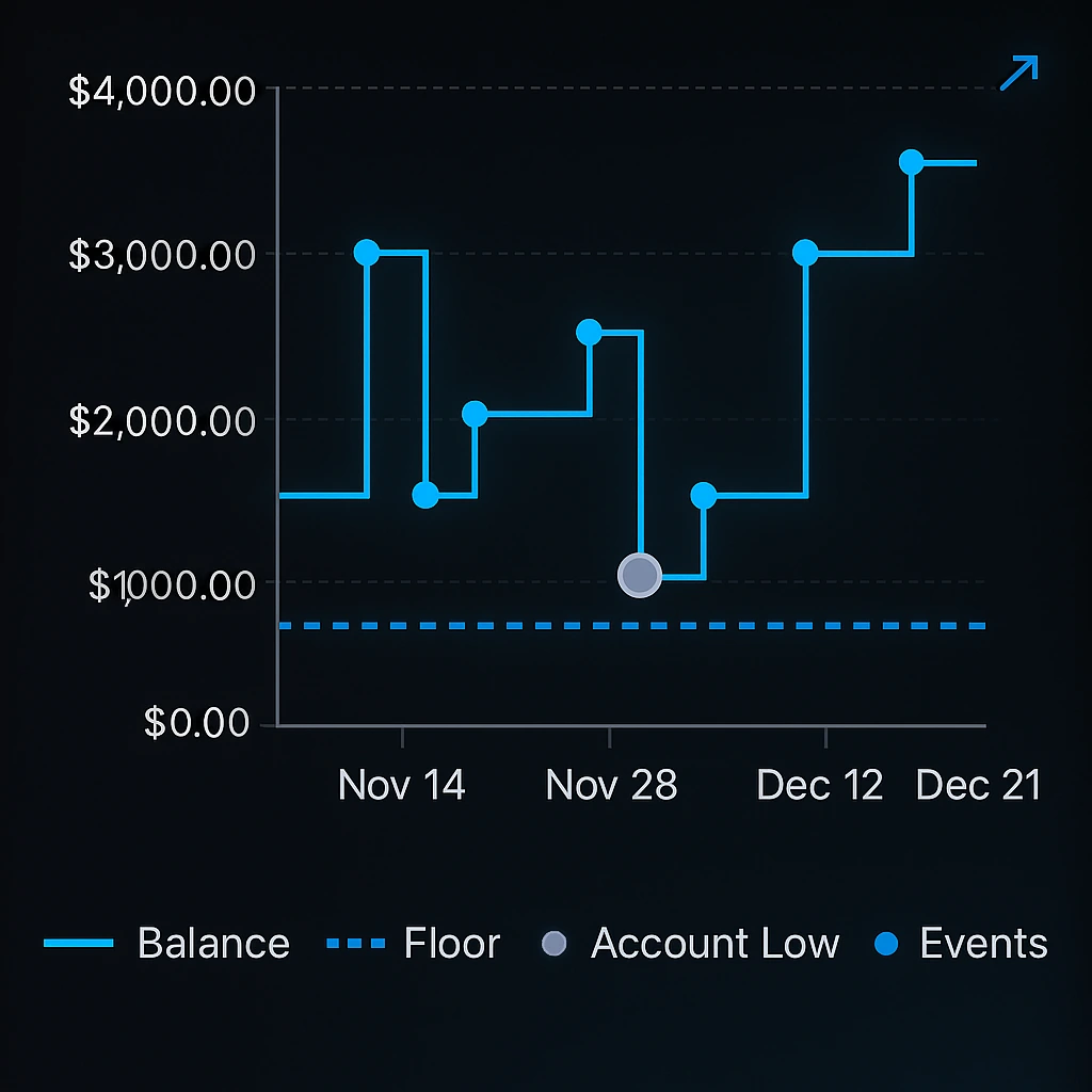 Step graph of a personal finance forecast with a dotted line indicating the Floor - the target minimum balance.