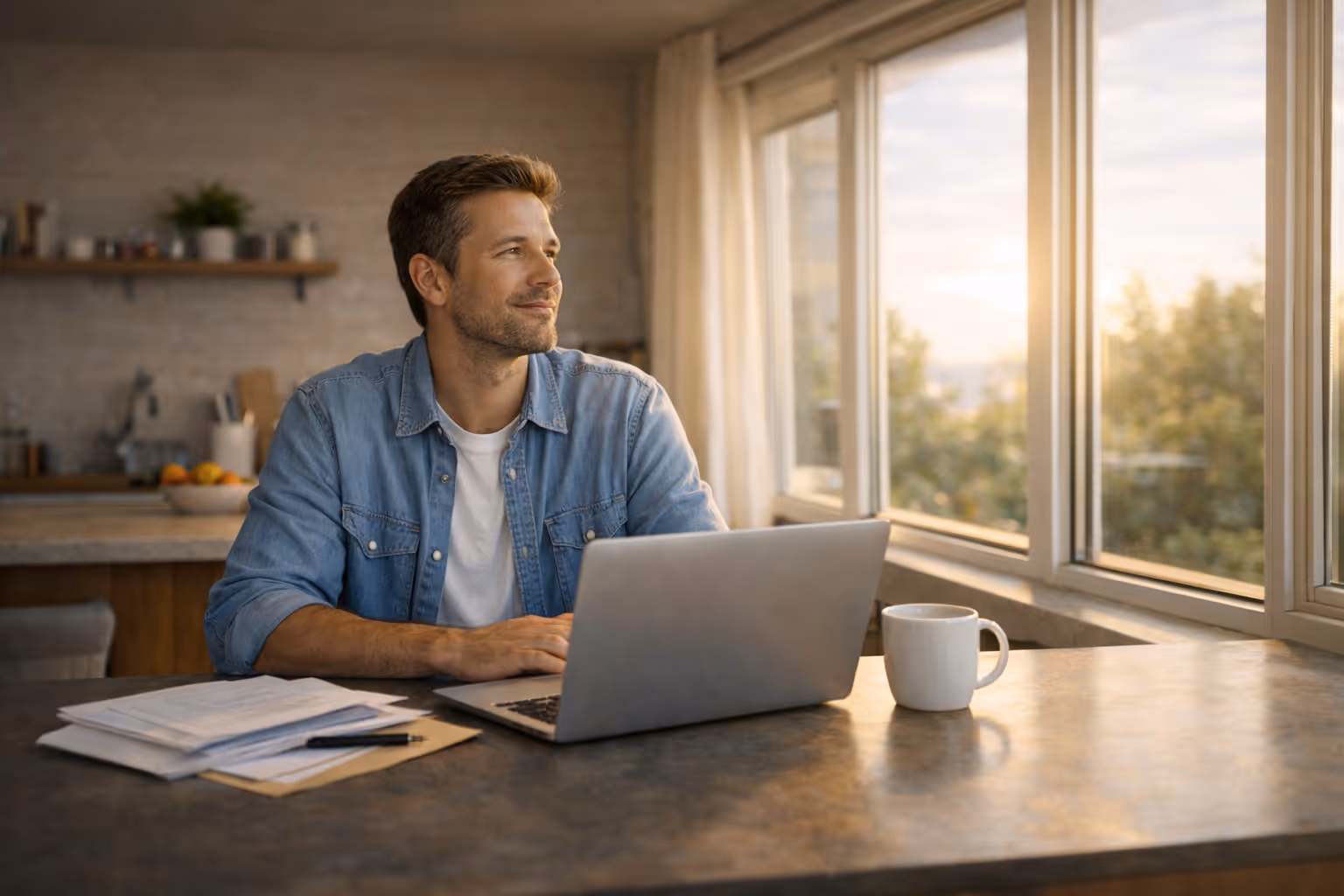 Woman staring down at papers strewn across her kitchen table, visibly stressed about budgeting.