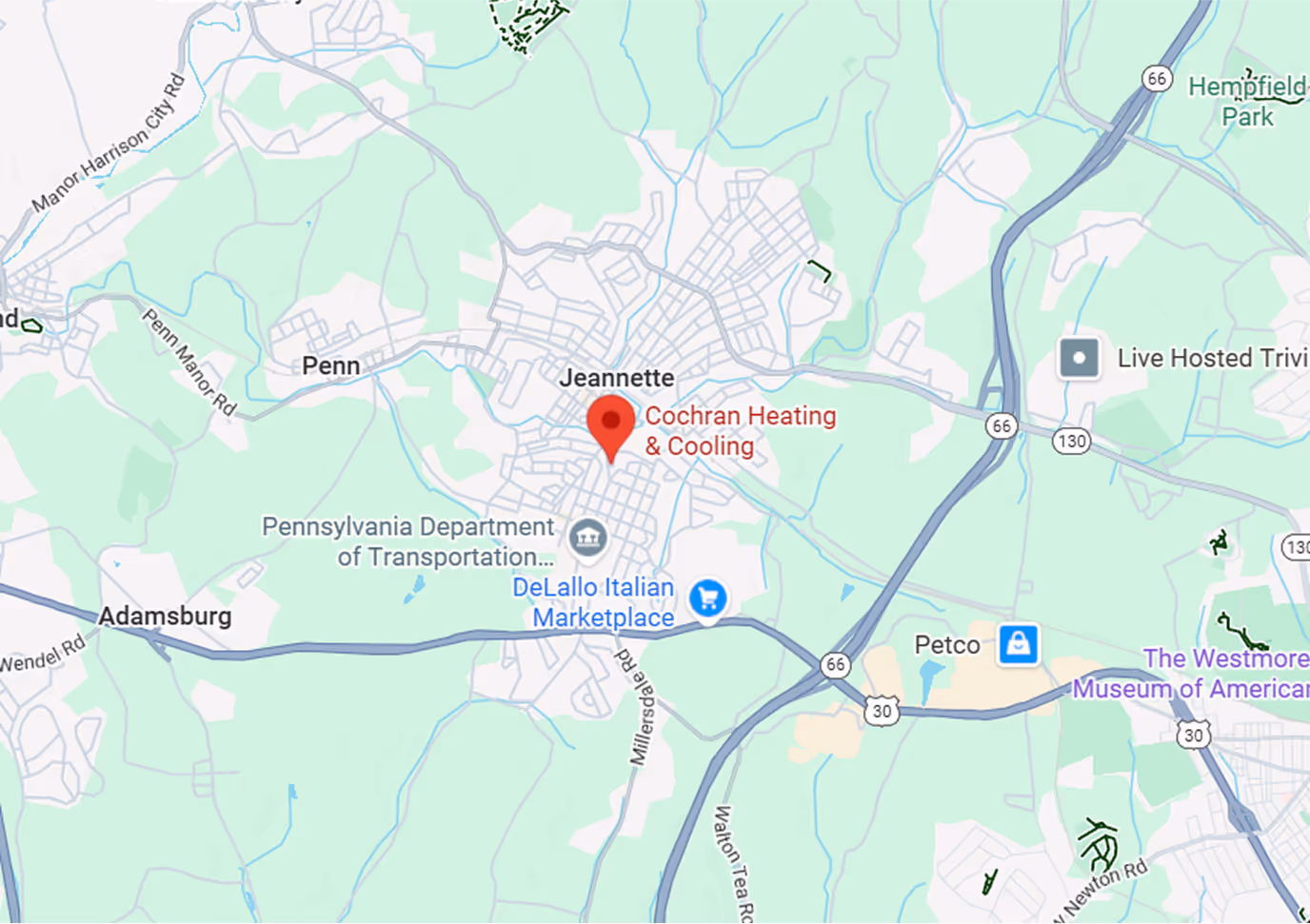 Map showing Jeannette, Pennsylvania with a marker for Cochran Heating & Cooling near Pennsylvania Department of Transportation and DeLallo Italian Marketplace.