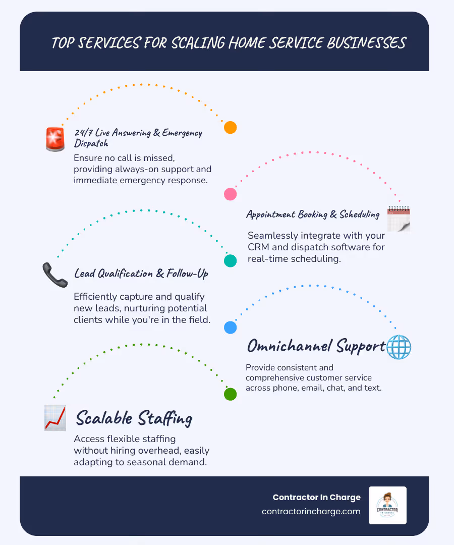 Infographic showing the benefits of call center outsourcing for home service businesses: 24/7 availability leads to more captured leads, appointment booking integration reduces scheduling errors, lead qualification increases conversion rates, omnichannel support improves customer satisfaction, and scalable staffing eliminates hiring overhead - What are the best call center outsourcing services that can help a small home service business scale up its operations? infographic infographic-line-5-steps-blues-accent_colors