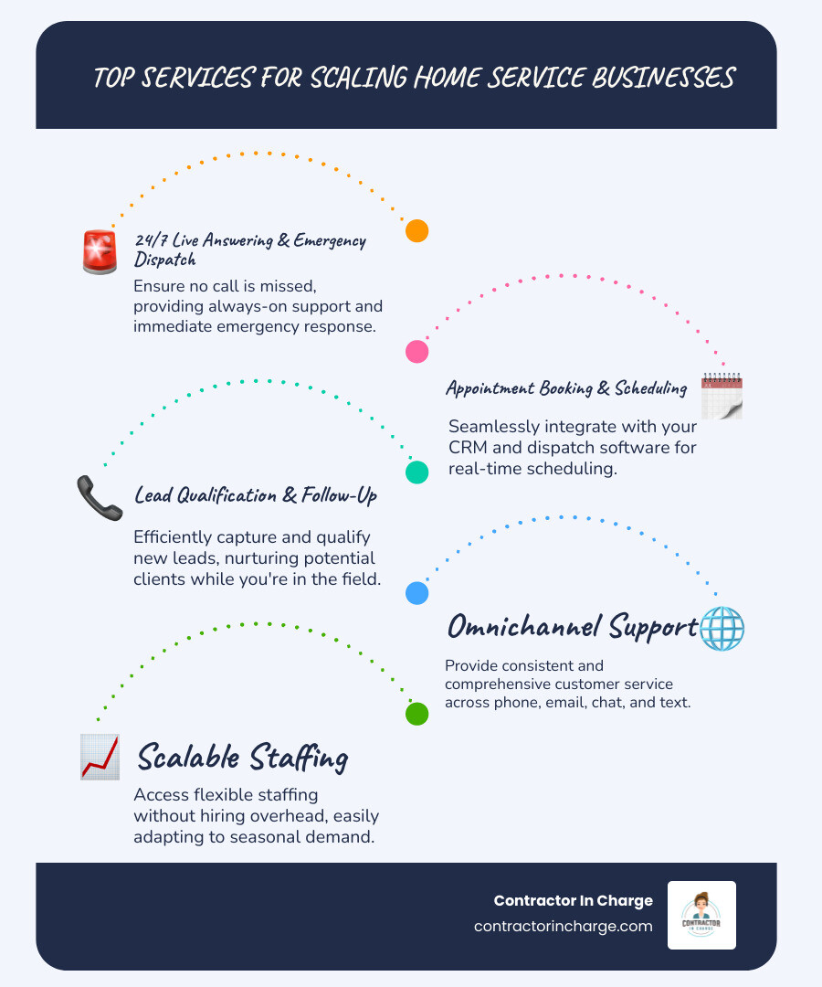 Infographic showing the benefits of call center outsourcing for home service businesses: 24/7 availability leads to more captured leads, appointment booking integration reduces scheduling errors, lead qualification increases conversion rates, omnichannel support improves customer satisfaction, and scalable staffing eliminates hiring overhead - What are the best call center outsourcing services that can help a small home service business scale up its operations? infographic infographic-line-5-steps-blues-accent_colors