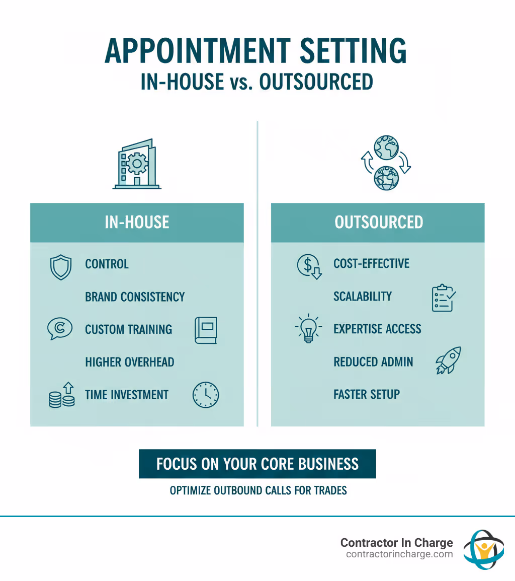 Infographic comparing In-House vs. Outsourced Appointment Setting - outbound calls setting appointments trades infographic 