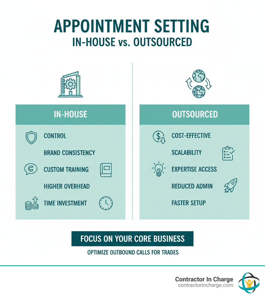 Infographic comparing In-House vs. Outsourced Appointment Setting - outbound calls setting appointments trades infographic 