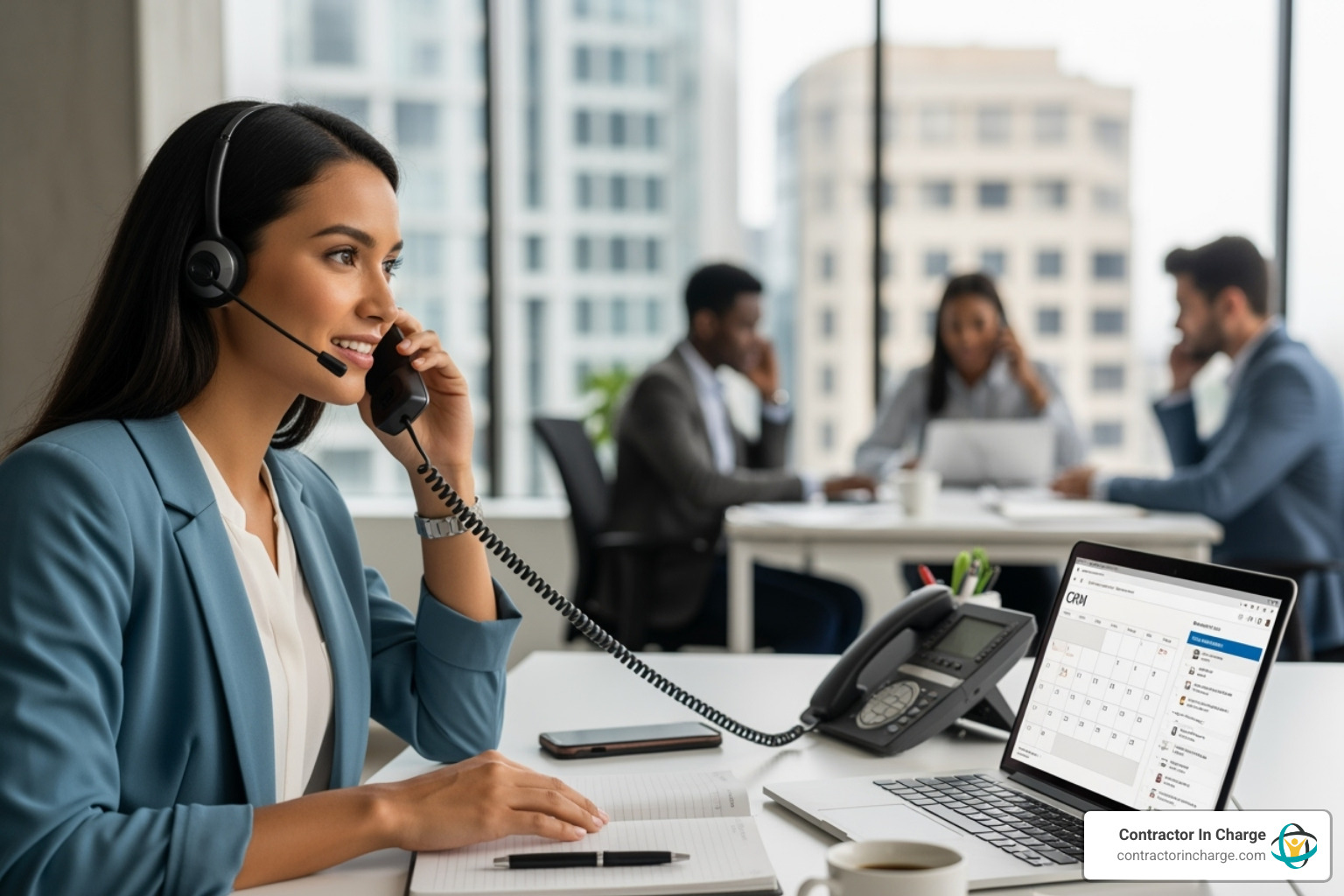 CRM dashboard on a tablet screen - outbound calls setting appointments trades