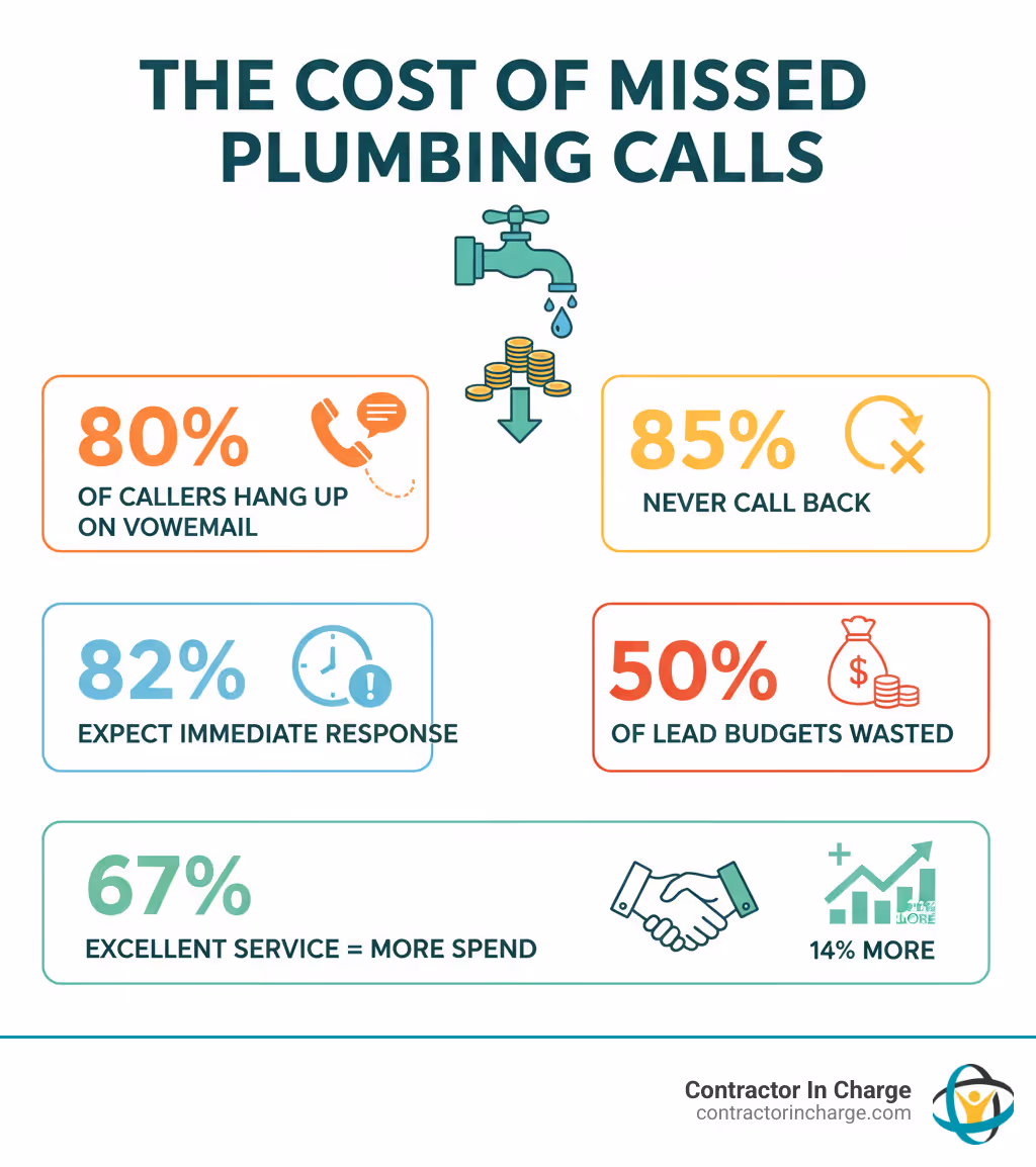 Infographic showing the cost of missed calls for plumbers: 80% of callers hang up on voicemail, 85% never call back, 82% of consumers expect immediate response to sales inquiries, 50% of lead generation budgets are wasted on leads never contacted, and 67% of customers receiving excellent service spend up to 14% more - after hours answering service for plumbers infographic 