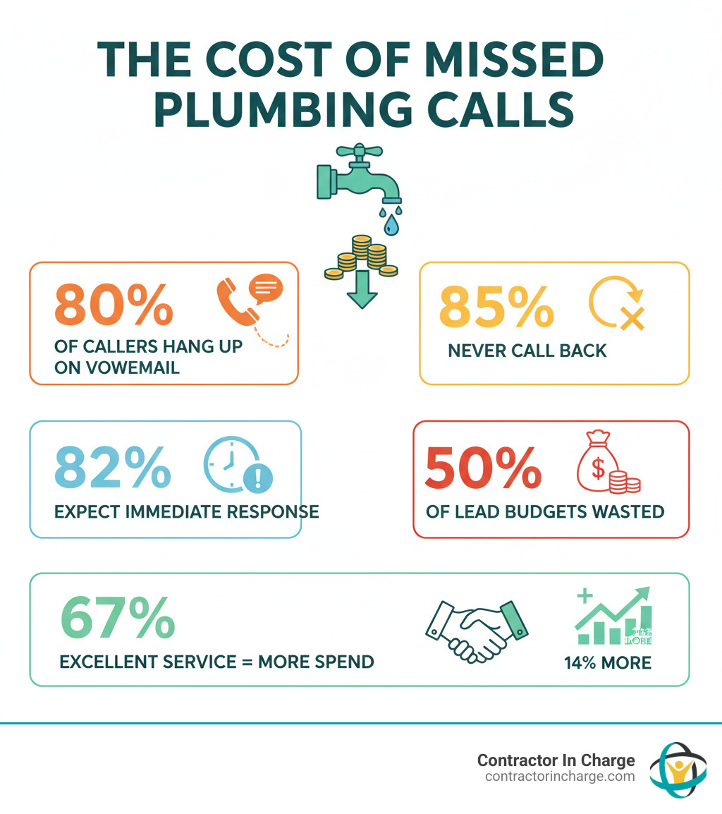 Infographic showing the cost of missed calls for plumbers: 80% of callers hang up on voicemail, 85% never call back, 82% of consumers expect immediate response to sales inquiries, 50% of lead generation budgets are wasted on leads never contacted, and 67% of customers receiving excellent service spend up to 14% more - after hours answering service for plumbers infographic 