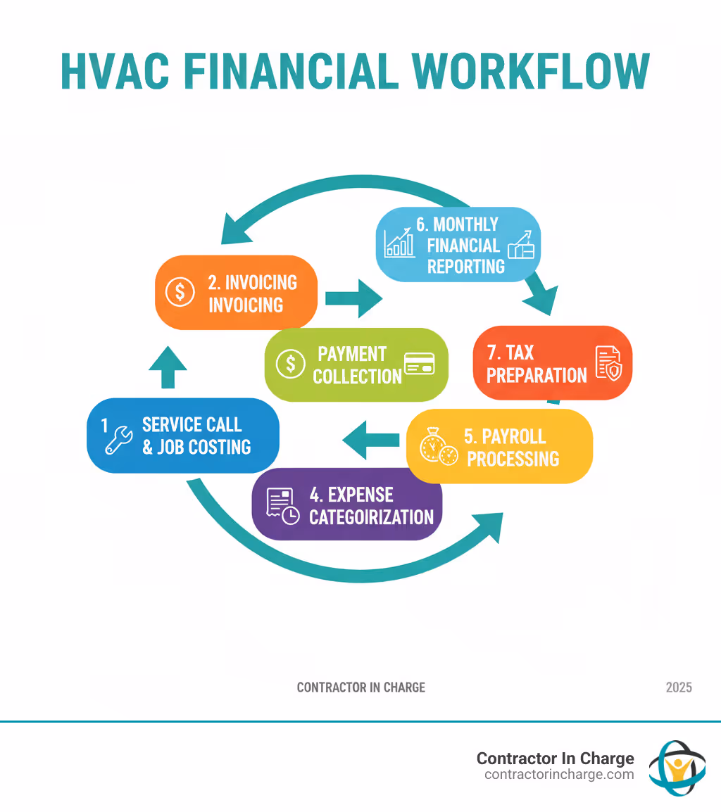 Infographic showing the complete financial workflow for an HVAC business, from initial service call and job costing through invoicing, payment collection, expense categorization, payroll processing, monthly financial reporting, and tax preparation, with arrows connecting each step in sequence - bookkeeping for hvac companies infographic