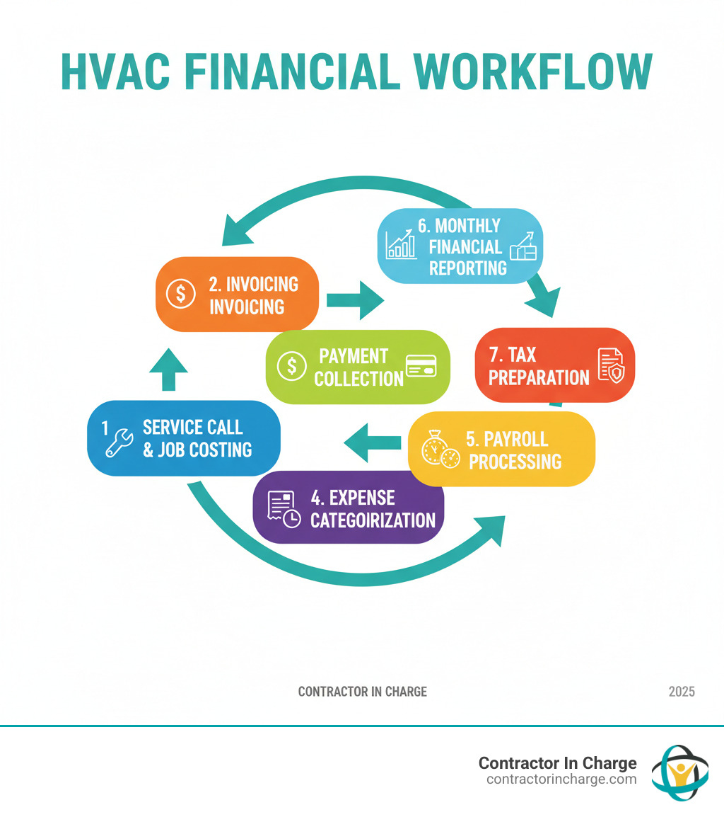 Infographic showing the complete financial workflow for an HVAC business, from initial service call and job costing through invoicing, payment collection, expense categorization, payroll processing, monthly financial reporting, and tax preparation, with arrows connecting each step in sequence - bookkeeping for hvac companies infographic 
