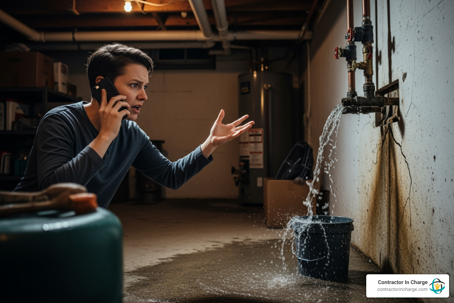 frustrated person on phone next to a leaking pipe - after hours answering service for plumbers