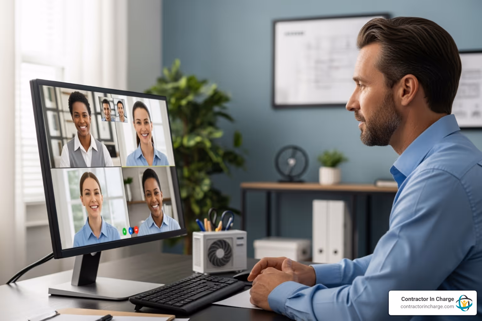 Team video call between an HVAC owner and a remote admin team - remote admin support for hvac