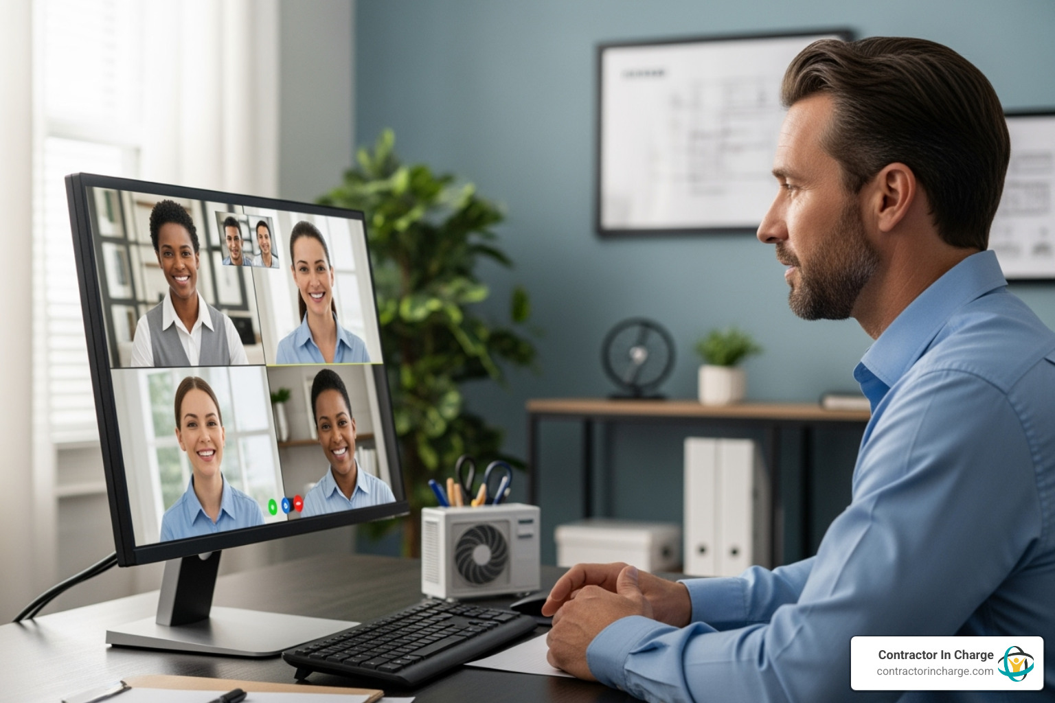 Team video call between an HVAC owner and a remote admin team - remote admin support for hvac