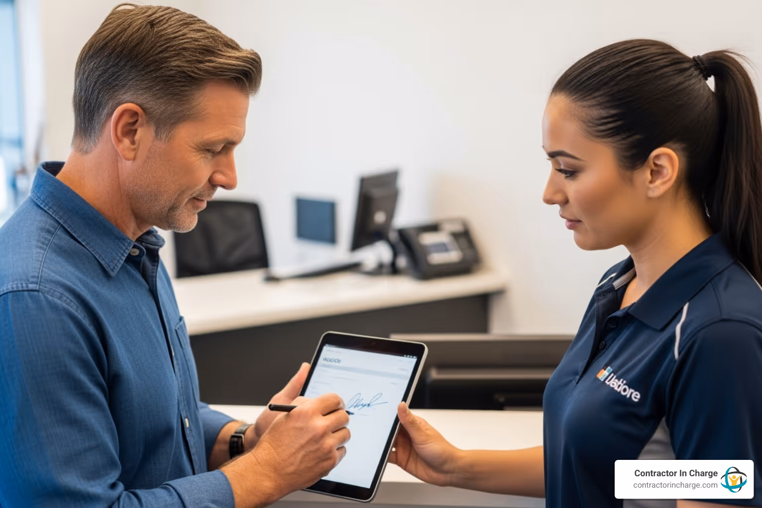customer signing an invoice on a technician
