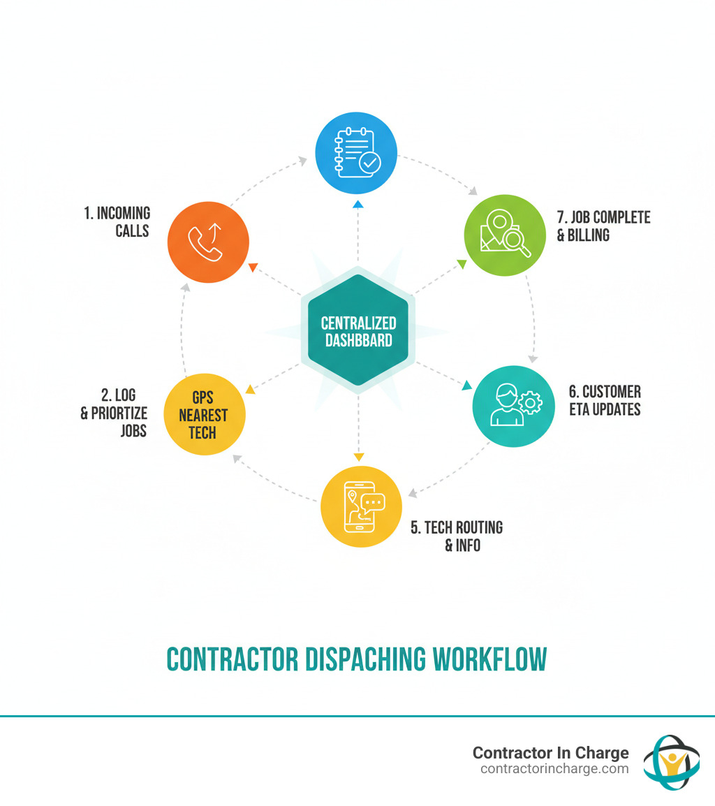 Infographic showing the workflow of a contractor dispatching service: incoming customer calls are logged, jobs are prioritized based on urgency and technician availability, GPS tracking identifies the nearest qualified tech, dispatcher assigns the job with full details sent to mobile device, technician receives automated routing and customer information, customer gets real-time ETA updates, job is completed and data flows back to office for billing—all managed from a centralized dashboard - contractor dispatching service infographic 