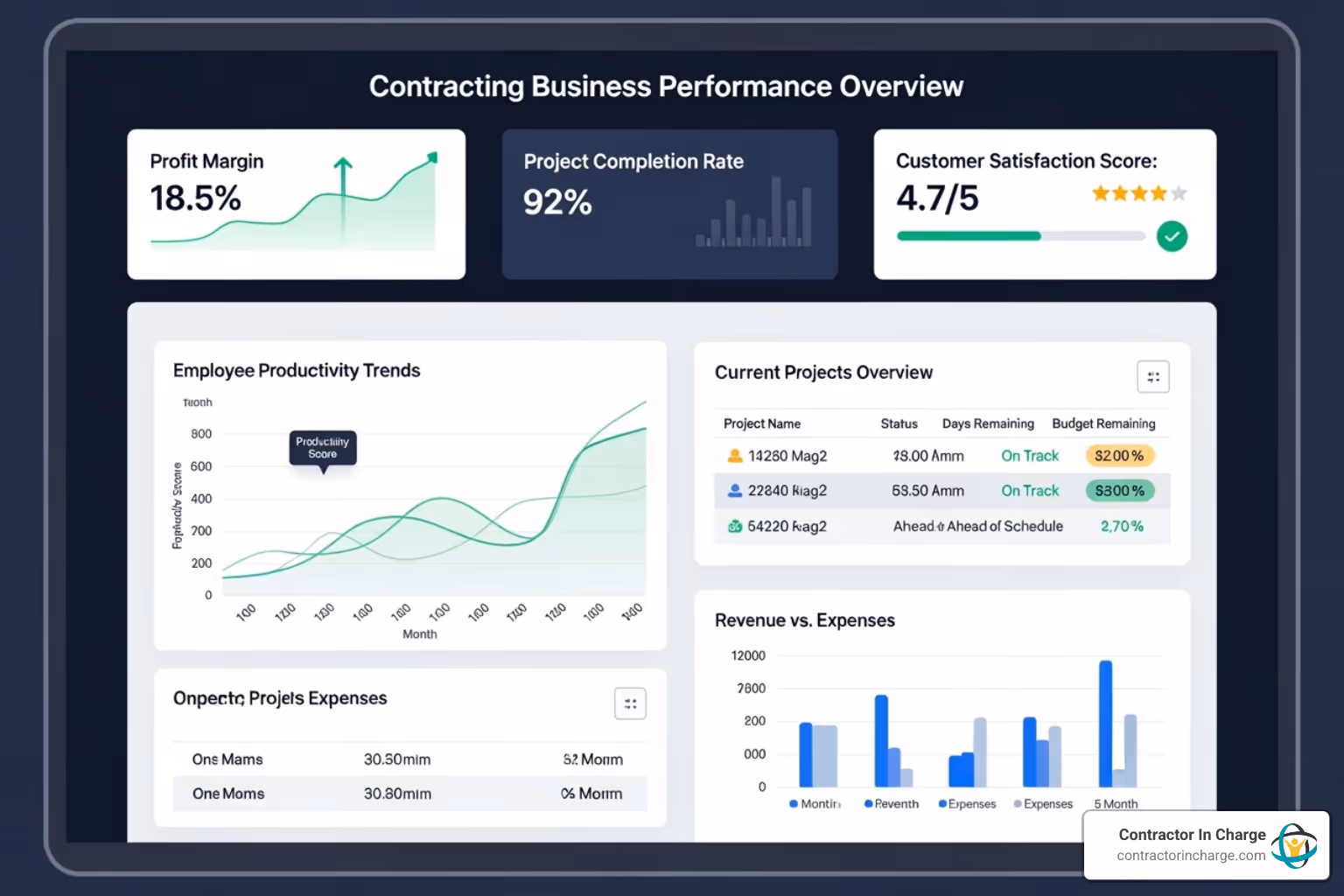 Dashboard showing KPIs for a contracting business, including profit margin, project completion rate, customer satisfaction, and employee productivity - business process consulting for contractors