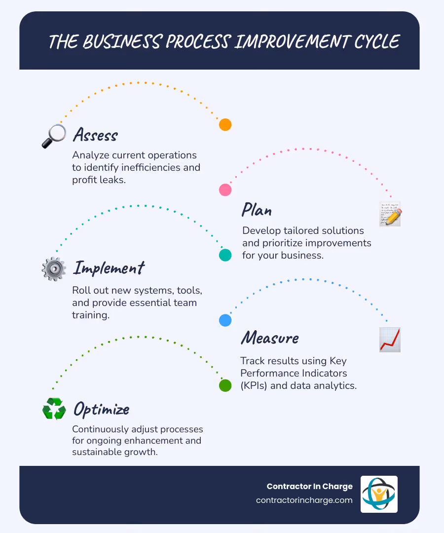 Infographic showing the business process improvement cycle: Step 1 - Assess current operations and identify inefficiencies; Step 2 - Plan tailored solutions and prioritize improvements; Step 3 - Implement new systems, tools, and training; Step 4 - Measure results using KPIs and adjust for continuous improvement - business process consulting for contractors infographic infographic-line-5-steps-blues-accent_colors