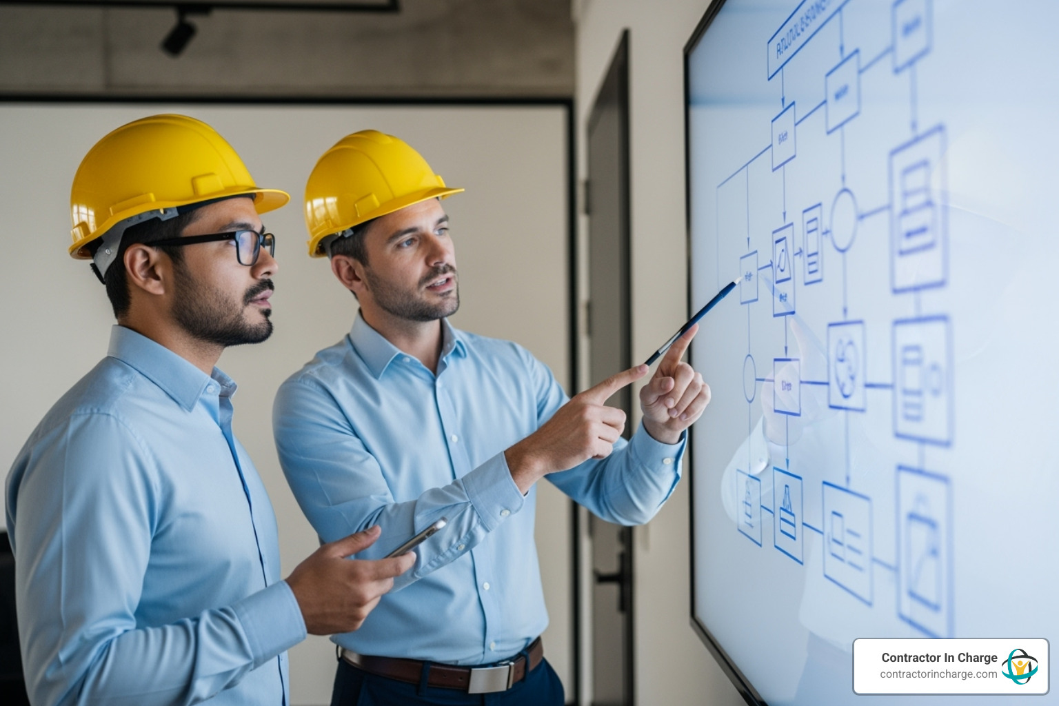 consultant and contractor reviewing workflow diagram - business process consulting for contractors