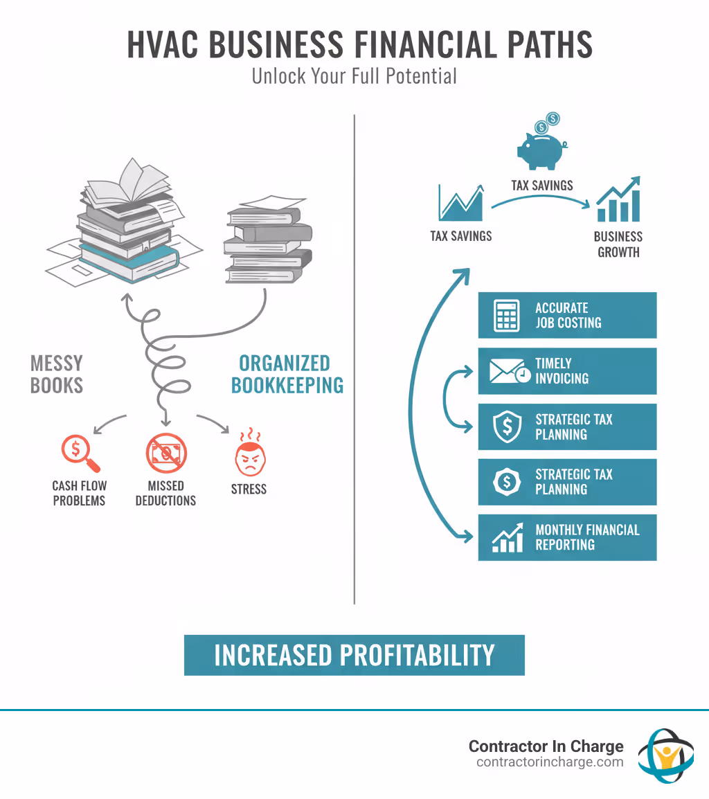 Infographic showing two paths: messy books leading to cash flow problems, missed deductions, and stress versus organized bookkeeping leading to tax savings, steady cash flow, and business growth. The organized path shows key steps including accurate job costing, timely invoicing, strategic tax planning, and monthly financial reporting resulting in increased profitability. - hvac bookkeeping service contractor infographic 