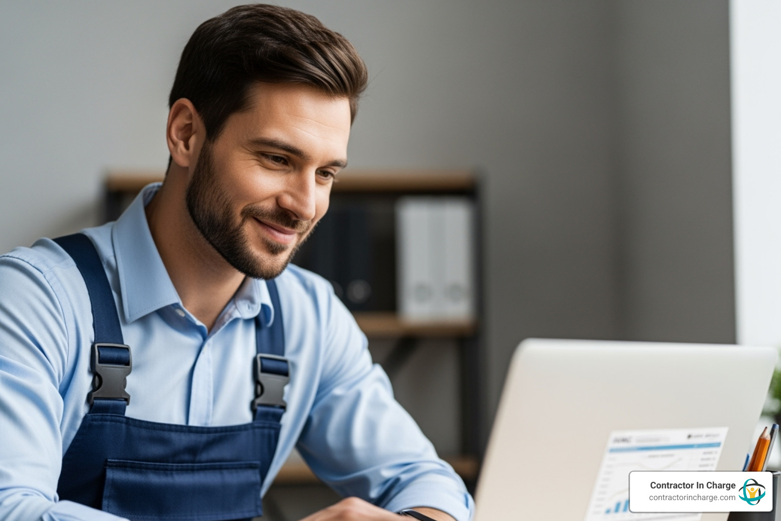 HVAC business owner confidently reviewing positive financial reports on a laptop - hvac bookkeeping service contractor