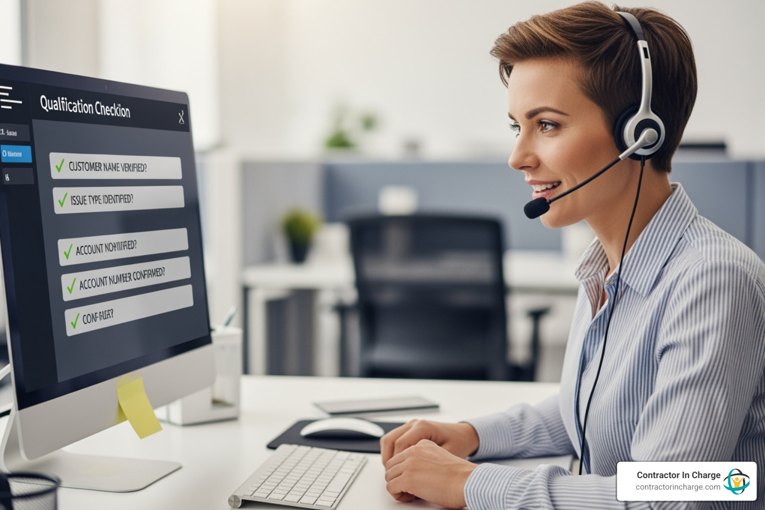 A customer service representative actively listening on a phone call, with a digital checklist on a computer screen showing qualification questions. - lead qualification for hvac contractors