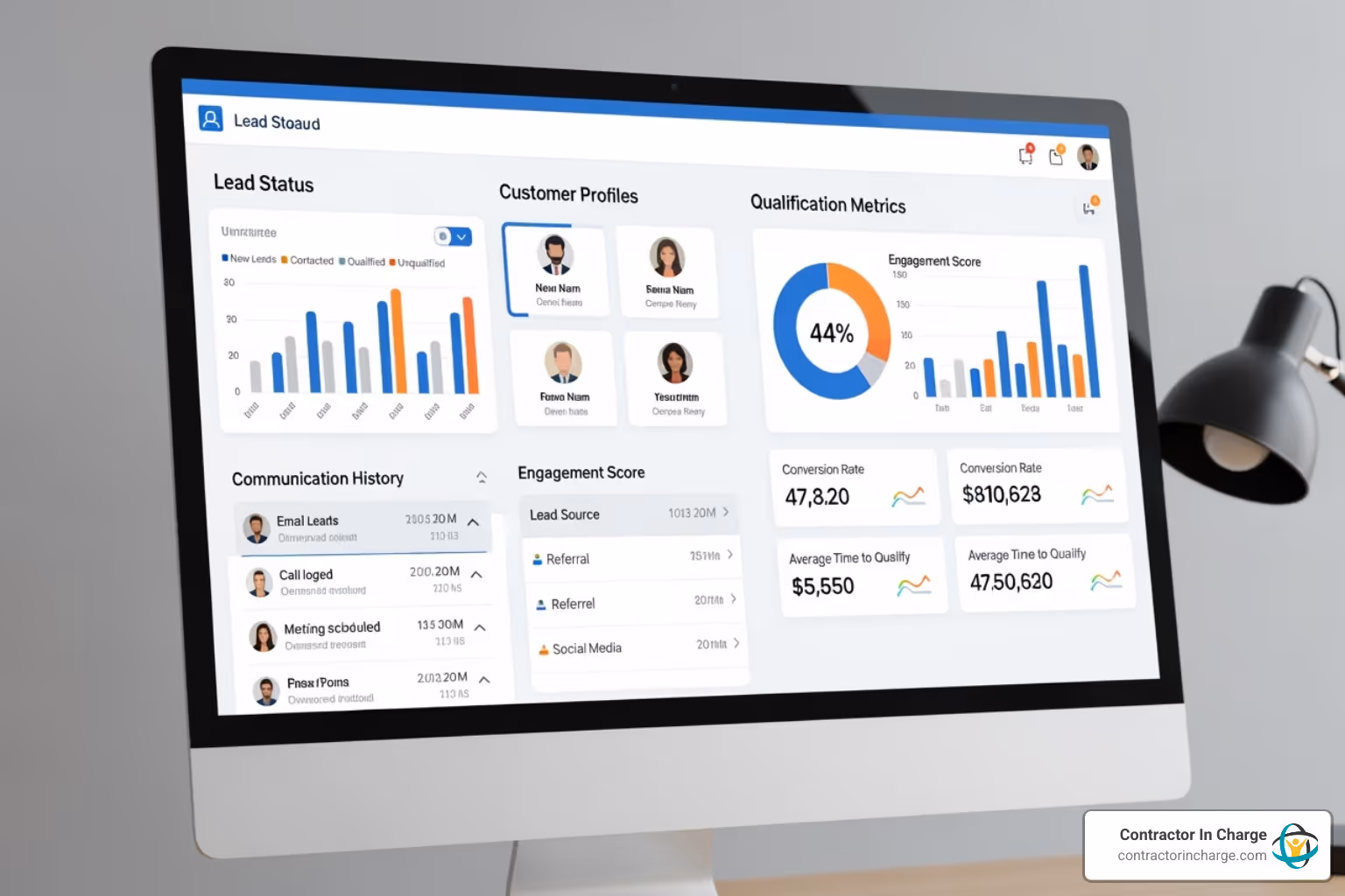 A CRM dashboard displaying various lead statuses, customer profiles, and communication history, with a focus on qualification metrics. - lead qualification for hvac contractors