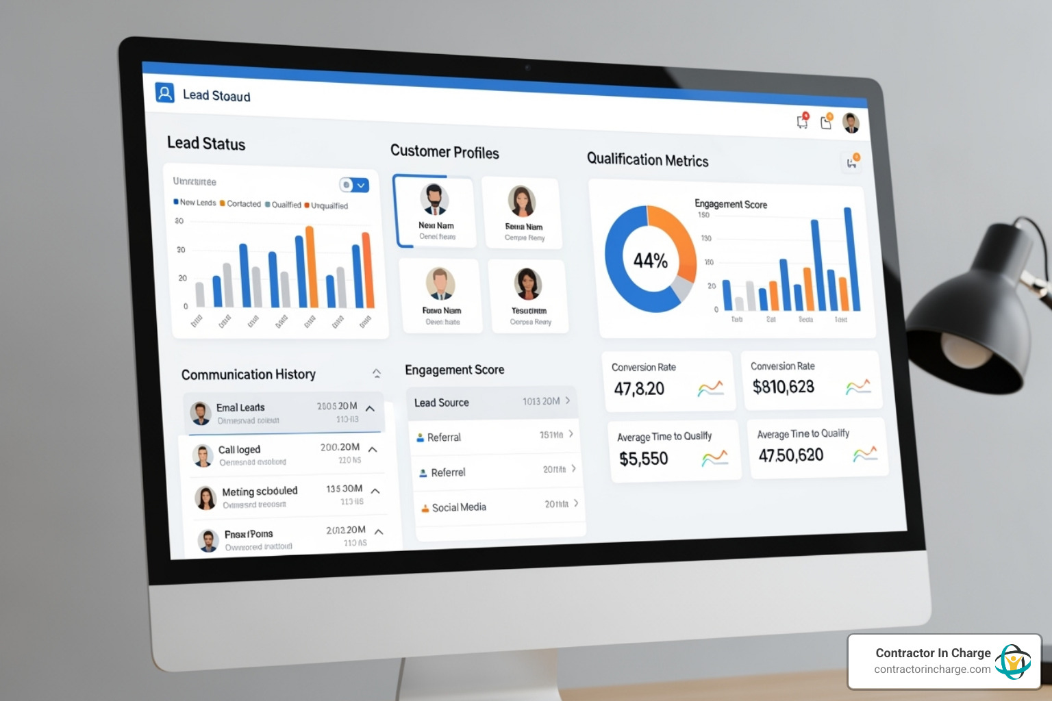 A CRM dashboard displaying various lead statuses, customer profiles, and communication history, with a focus on qualification metrics. - lead qualification for hvac contractors