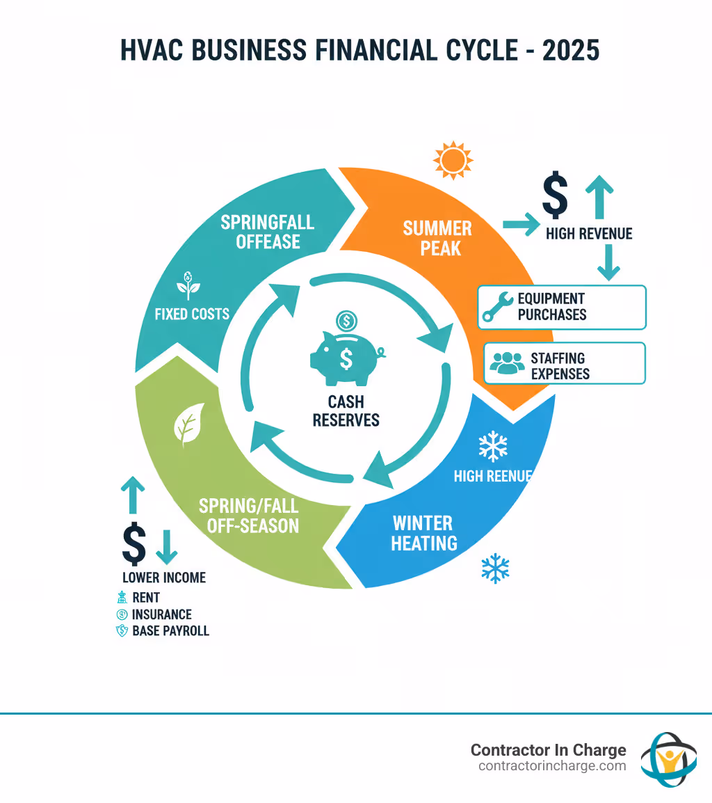 Infographic showing the HVAC business financial cycle: peak summer season revenue flowing into equipment purchases and staffing, then winter heating season revenue, followed by spring/fall off-season with lower income but ongoing fixed costs like rent, insurance, and base payroll, with arrows showing cash reserves bridging the gaps - financial planning for hvac companies infographic