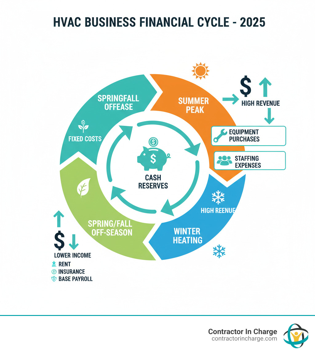 Infographic showing the HVAC business financial cycle: peak summer season revenue flowing into equipment purchases and staffing, then winter heating season revenue, followed by spring/fall off-season with lower income but ongoing fixed costs like rent, insurance, and base payroll, with arrows showing cash reserves bridging the gaps - financial planning for hvac companies infographic 