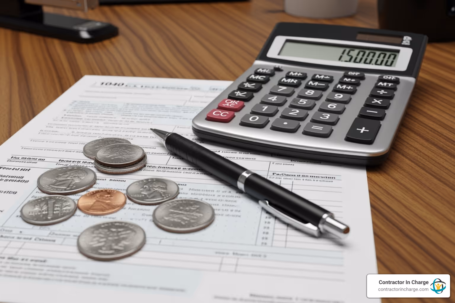 Tax form with a calculator, pen, and some coins - financial planning for hvac companies