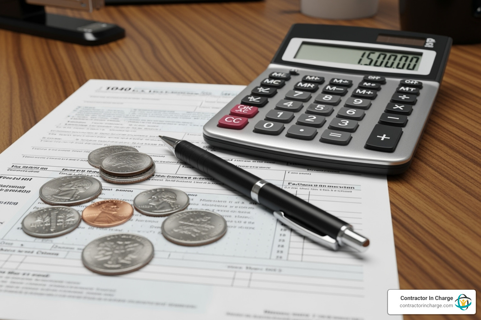 Tax form with a calculator, pen, and some coins - financial planning for hvac companies