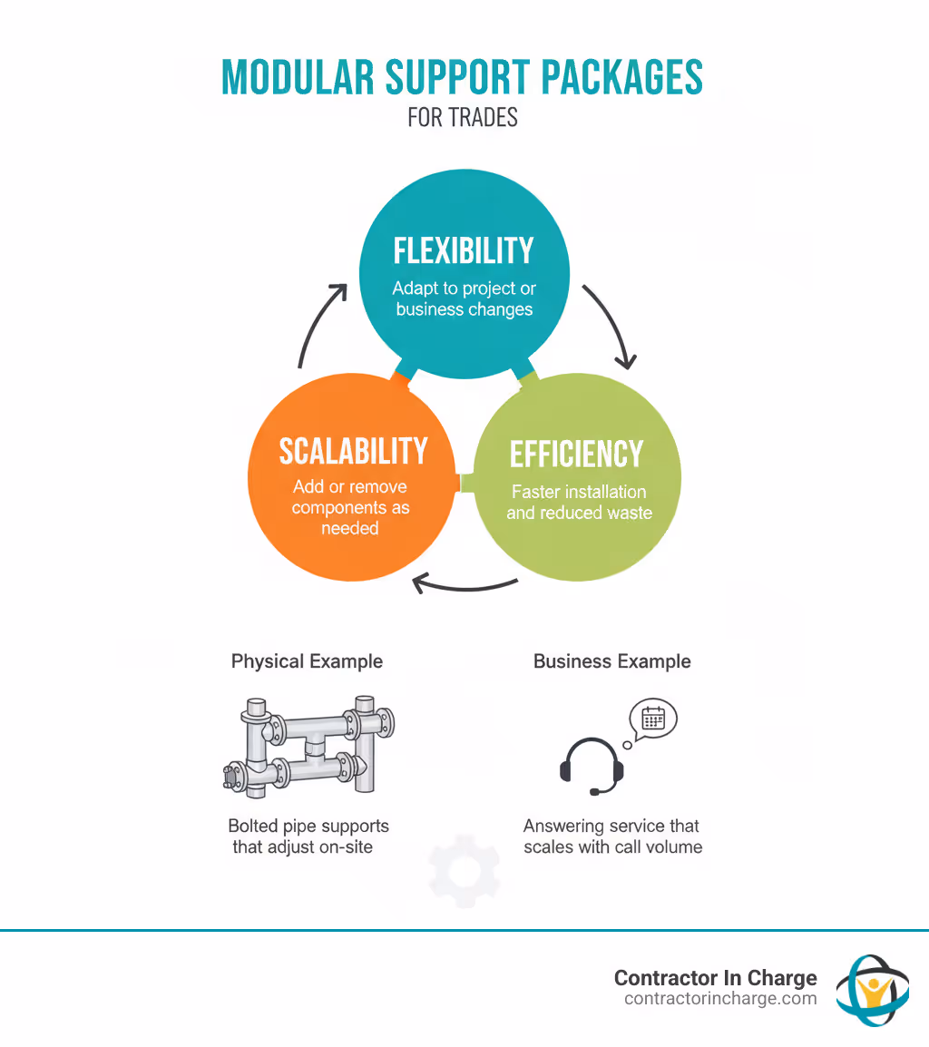 Infographic showing three connected circles labeled Flexibility (adapt to project or business changes), Scalability (add or remove components as needed), and Efficiency (faster installation and reduced waste) with examples: Physical - bolted pipe supports that adjust on-site; Business - answering service that scales with call volume - modular support packages for trades infographic 