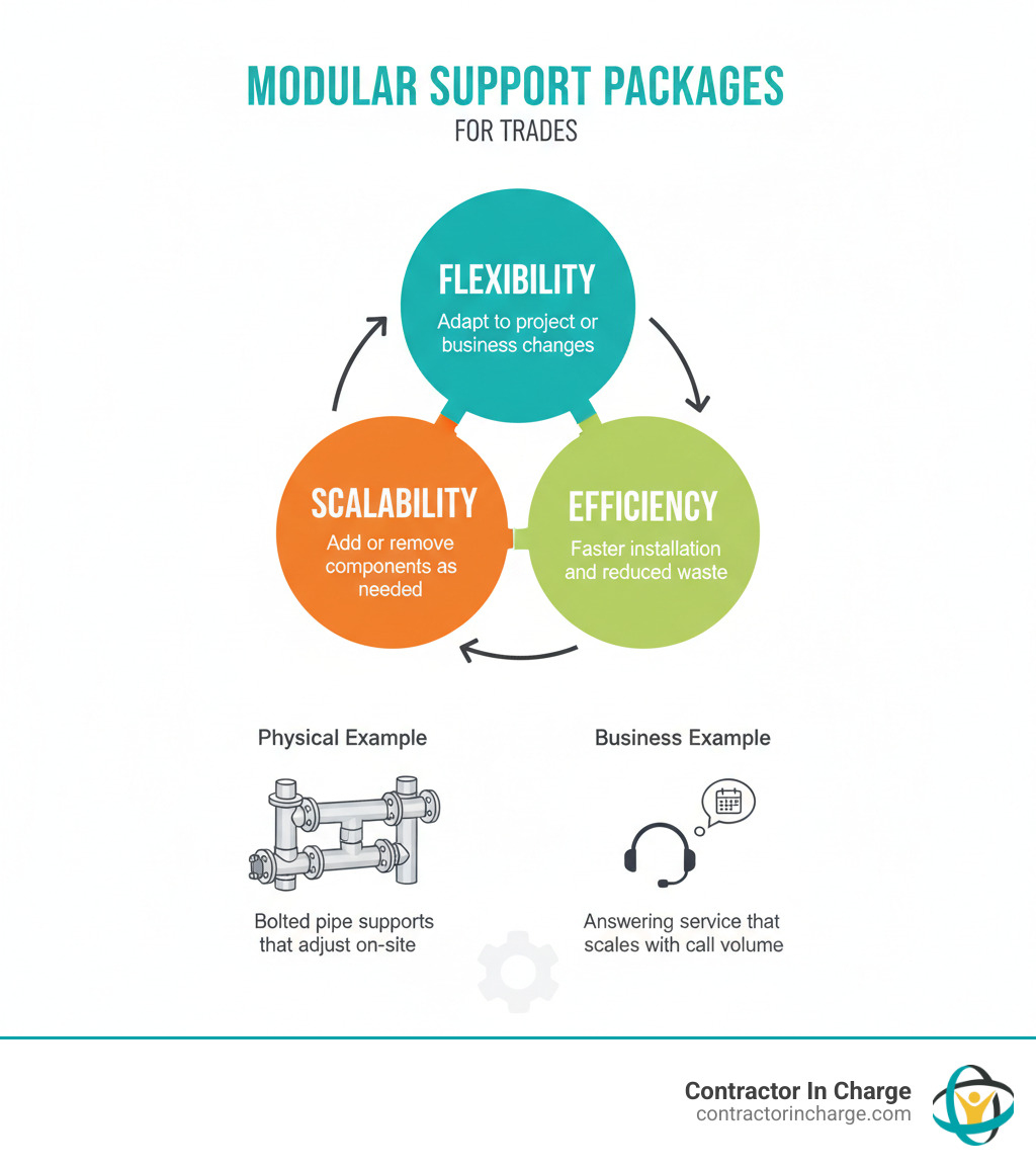 Infographic showing three connected circles labeled Flexibility (adapt to project or business changes), Scalability (add or remove components as needed), and Efficiency (faster installation and reduced waste) with examples: Physical - bolted pipe supports that adjust on-site; Business - answering service that scales with call volume - modular support packages for trades infographic 