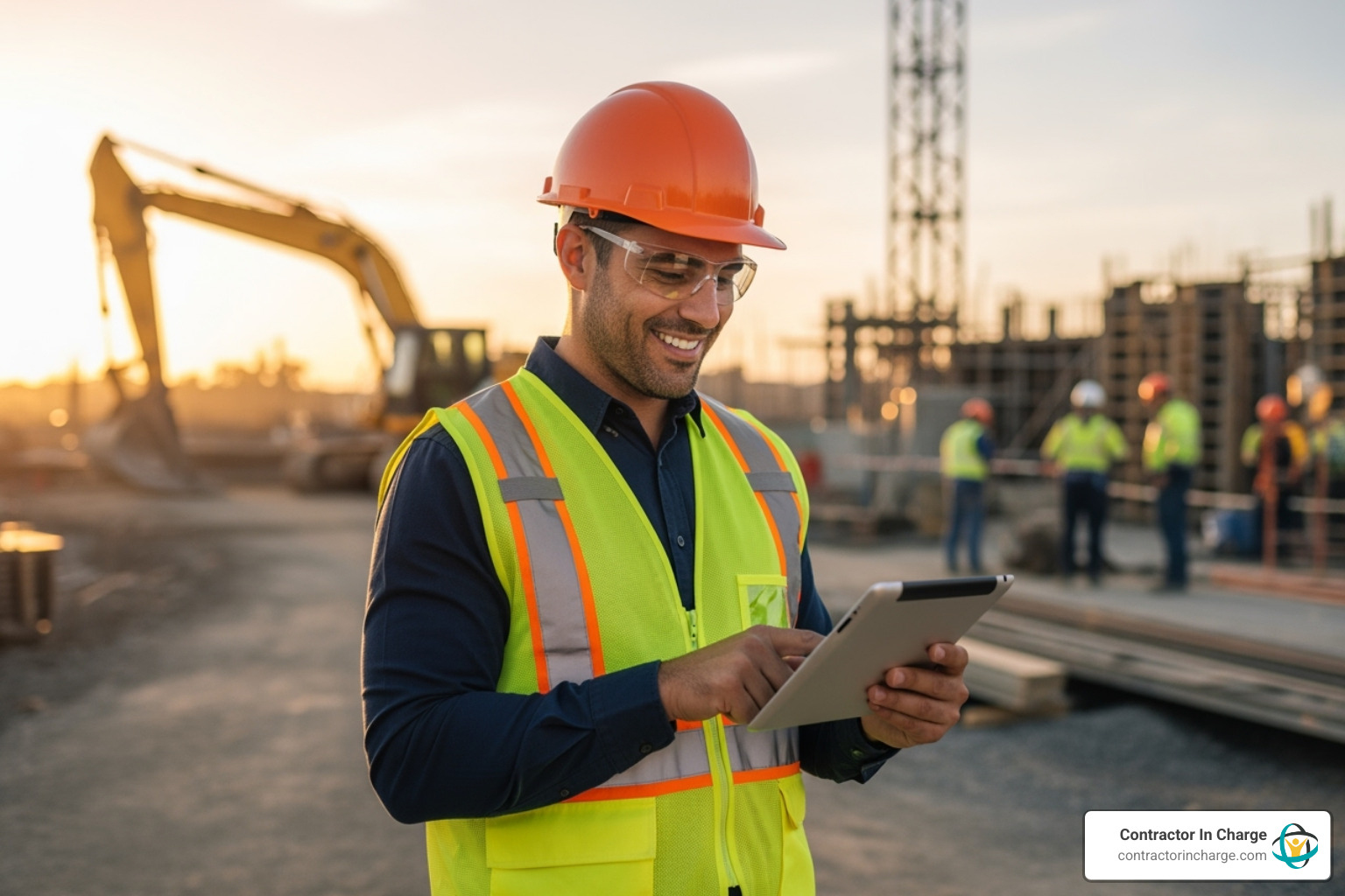 Contractor on a tablet, smiling while managing their business operations from the field - modular support packages for trades
