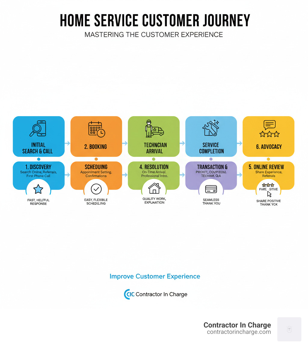 infographic showing the complete home service customer journey from initial search and first phone call through scheduling, technician arrival, service completion, payment, follow-up communication, and online review, with key touchpoints highlighted at each stage - improve customer experience infographic 
