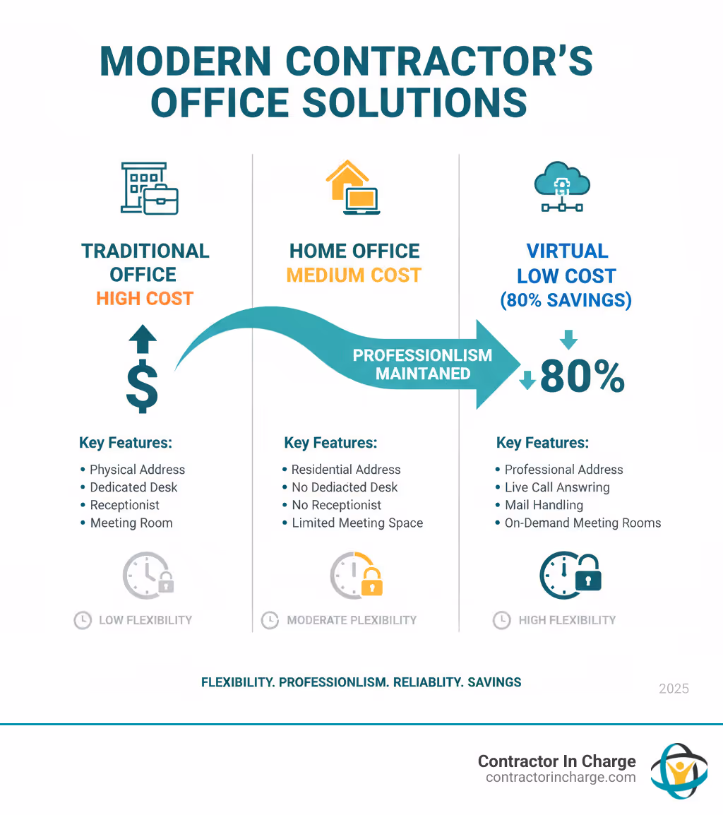 Infographic comparing traditional office, home office, and virtual office for contractors showing cost differences, key features like business address and call answering, and flexibility benefits with virtual offices offering 80% cost savings while maintaining professionalism - virtual office service for contractors infographic