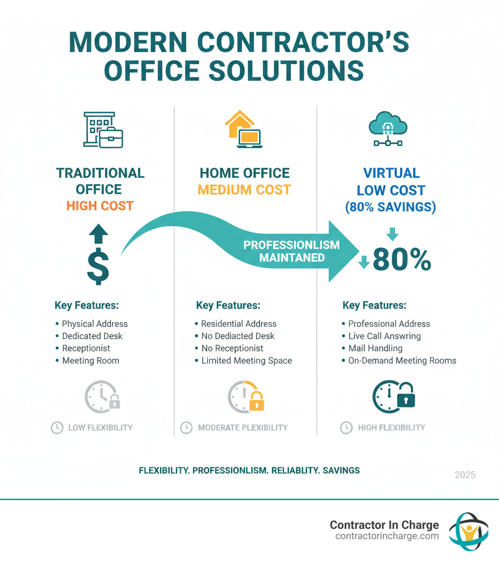 Infographic comparing traditional office, home office, and virtual office for contractors showing cost differences, key features like business address and call answering, and flexibility benefits with virtual offices offering 80% cost savings while maintaining professionalism - virtual office service for contractors infographic 