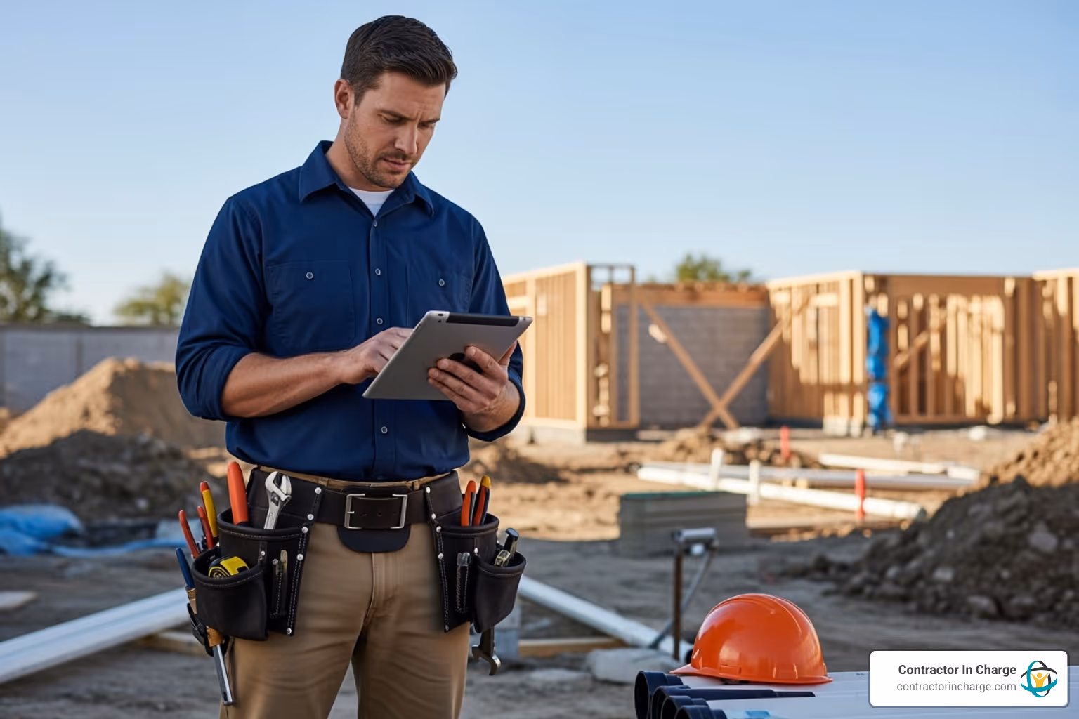 technician using a tablet in the field to view job details - dispatch support for plumbing companies