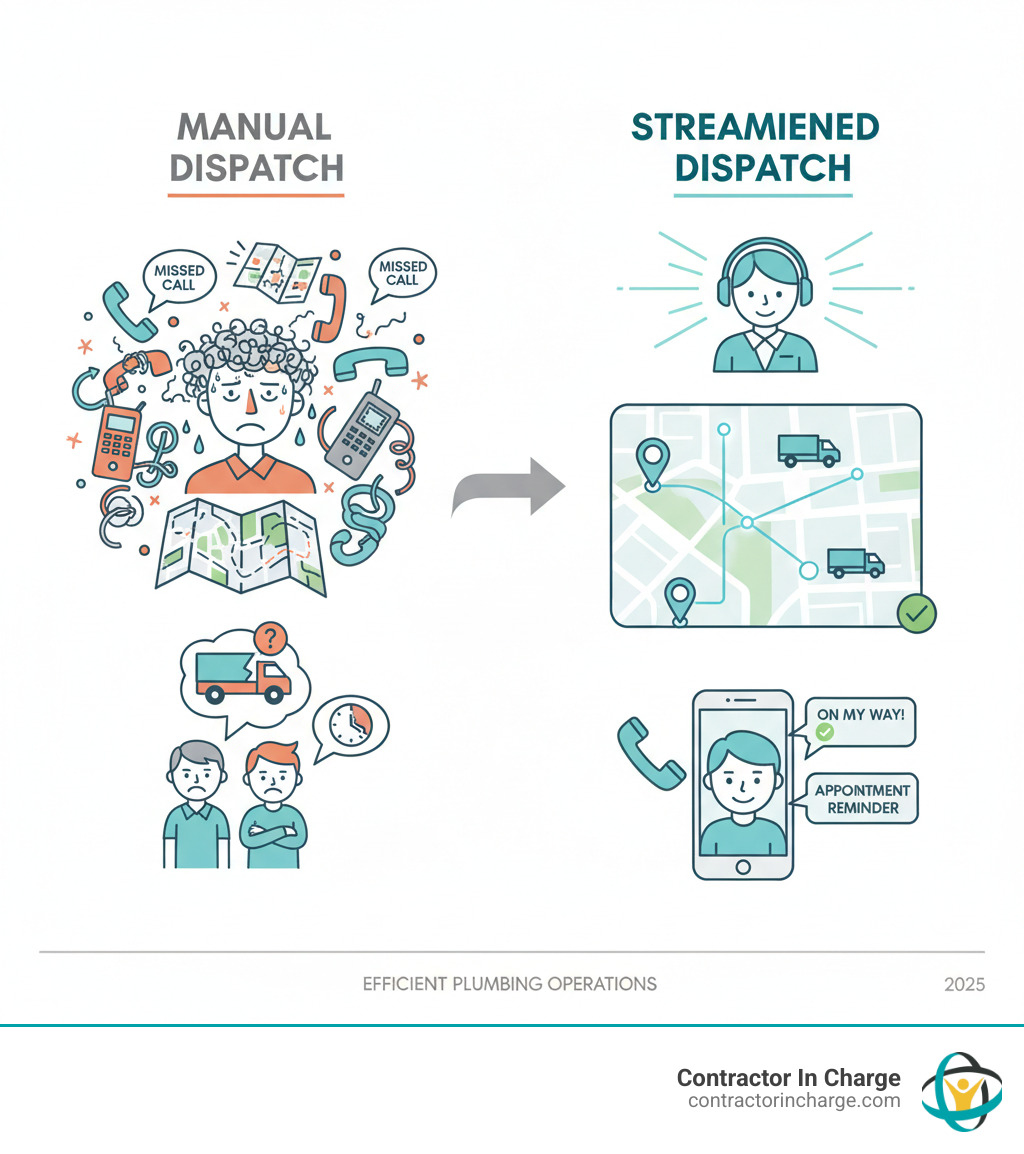 infographic showing manual dispatch workflow on left with stressed dispatcher, missed calls, confused technicians, and unhappy customers versus streamlined dispatch support workflow on right with organized call center, GPS-tracked technicians on optimized routes, automated customer notifications, and satisfied customers - dispatch support for plumbing companies infographic 