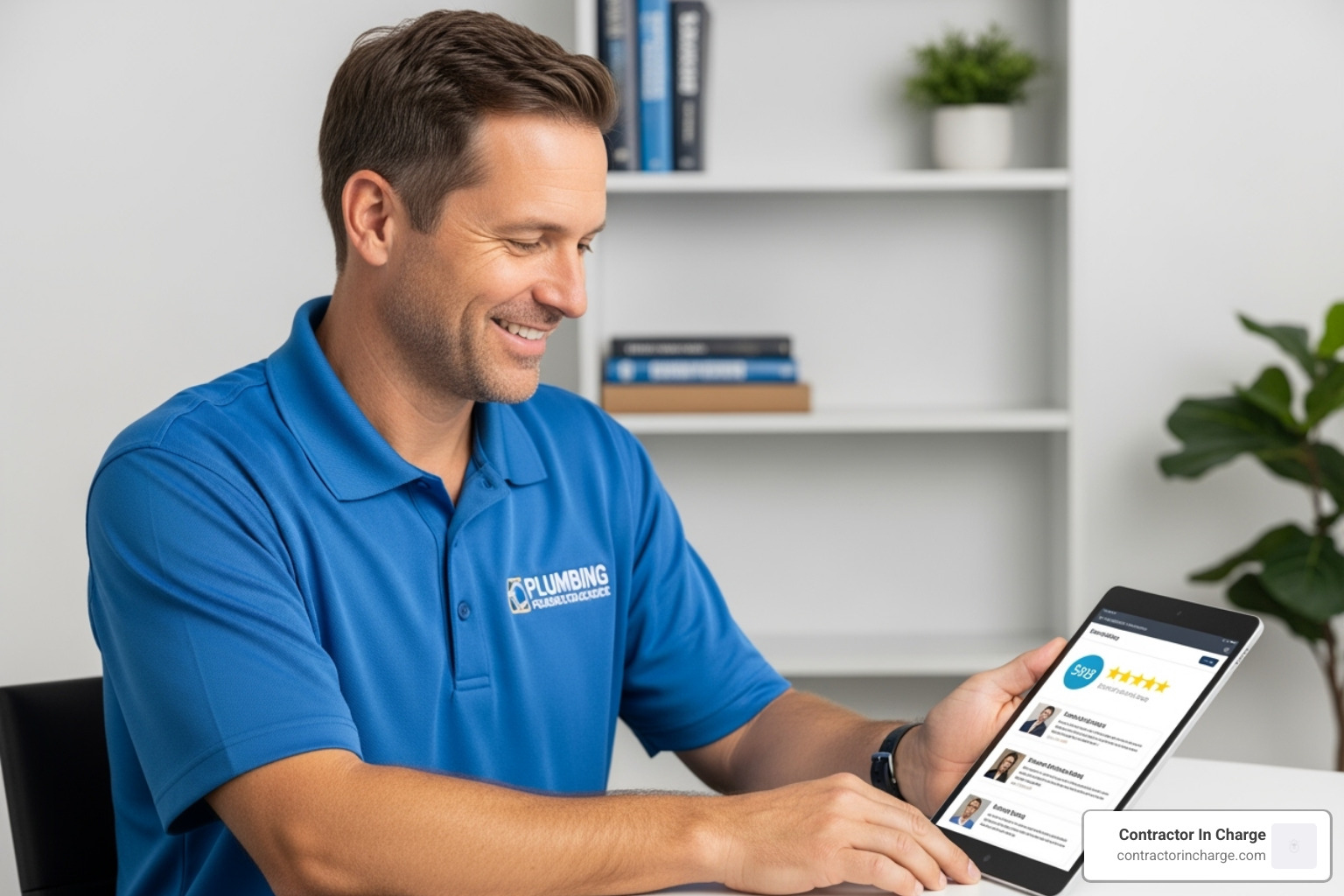 relaxed plumbing business owner reviewing positive customer feedback on a tablet - 24/7 plumbing answering service