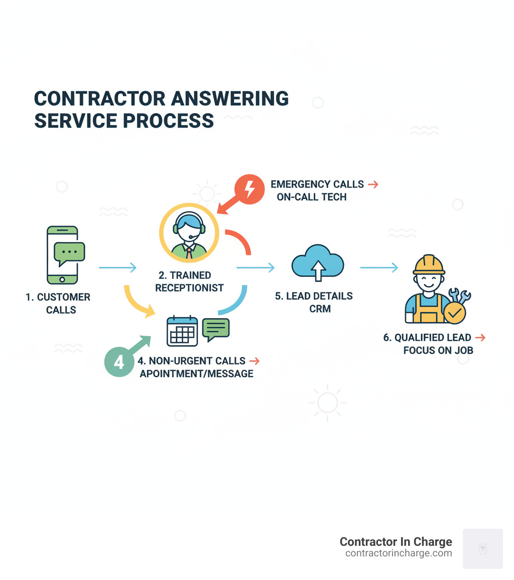 Infographic showing the contractor answering service process: Customer calls your business number → Call routes to trained receptionist → Receptionist greets caller professionally and gathers information → Emergency calls forwarded immediately to on-call tech → Non-urgent calls result in appointment scheduling or message taking → Lead details entered into your CRM automatically → Contractor receives qualified lead notification and can focus on current job - contractor answering service Florida infographic 