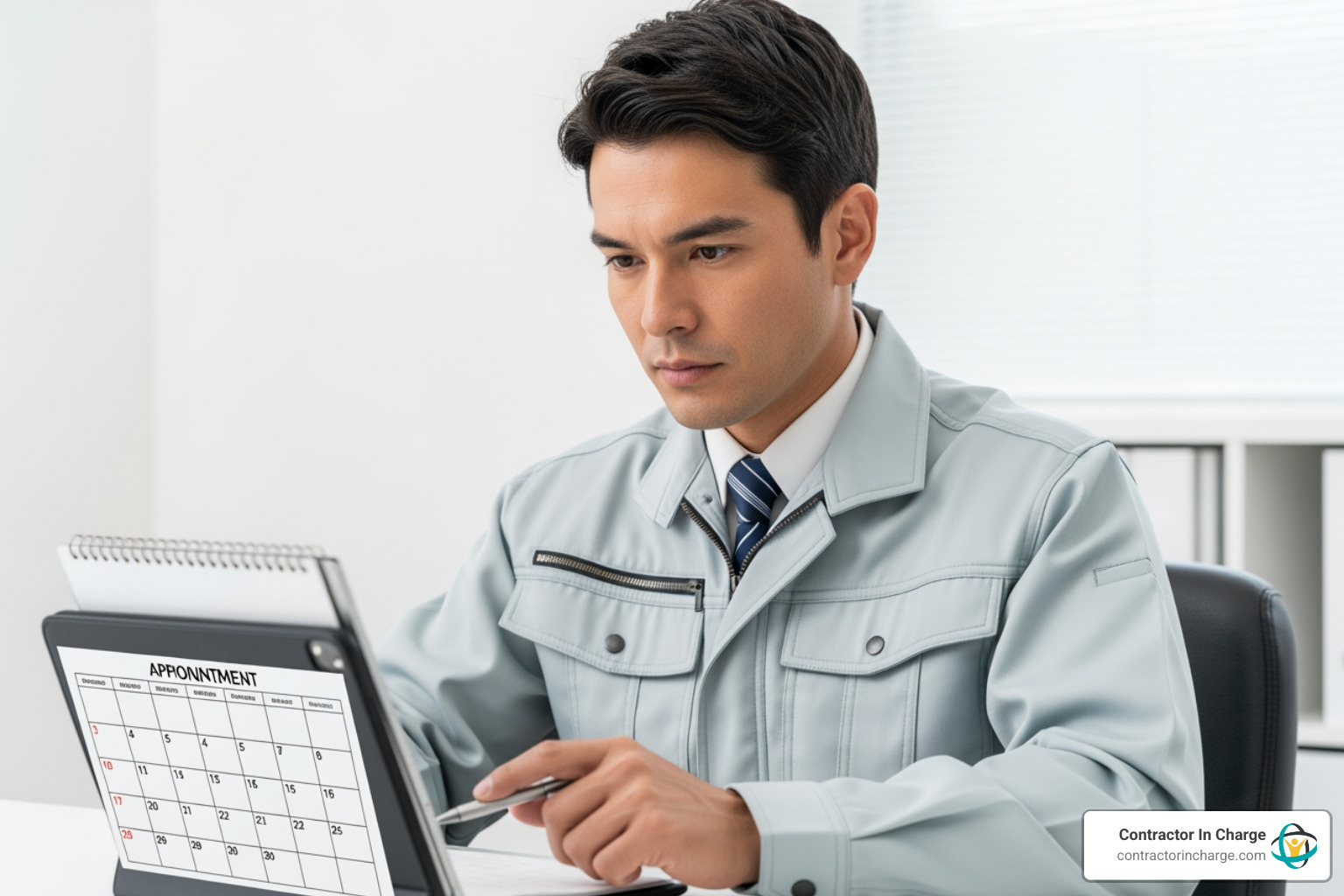 professional contractor reviewing calendar appointments - "Are there companies that specialize in making outbound calls for setting appointments for the trades?"