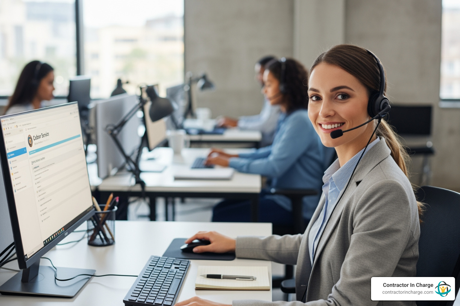 professional call center agent with a headset smiling - "Are there companies that specialize in making outbound calls for setting appointments for the trades?"
