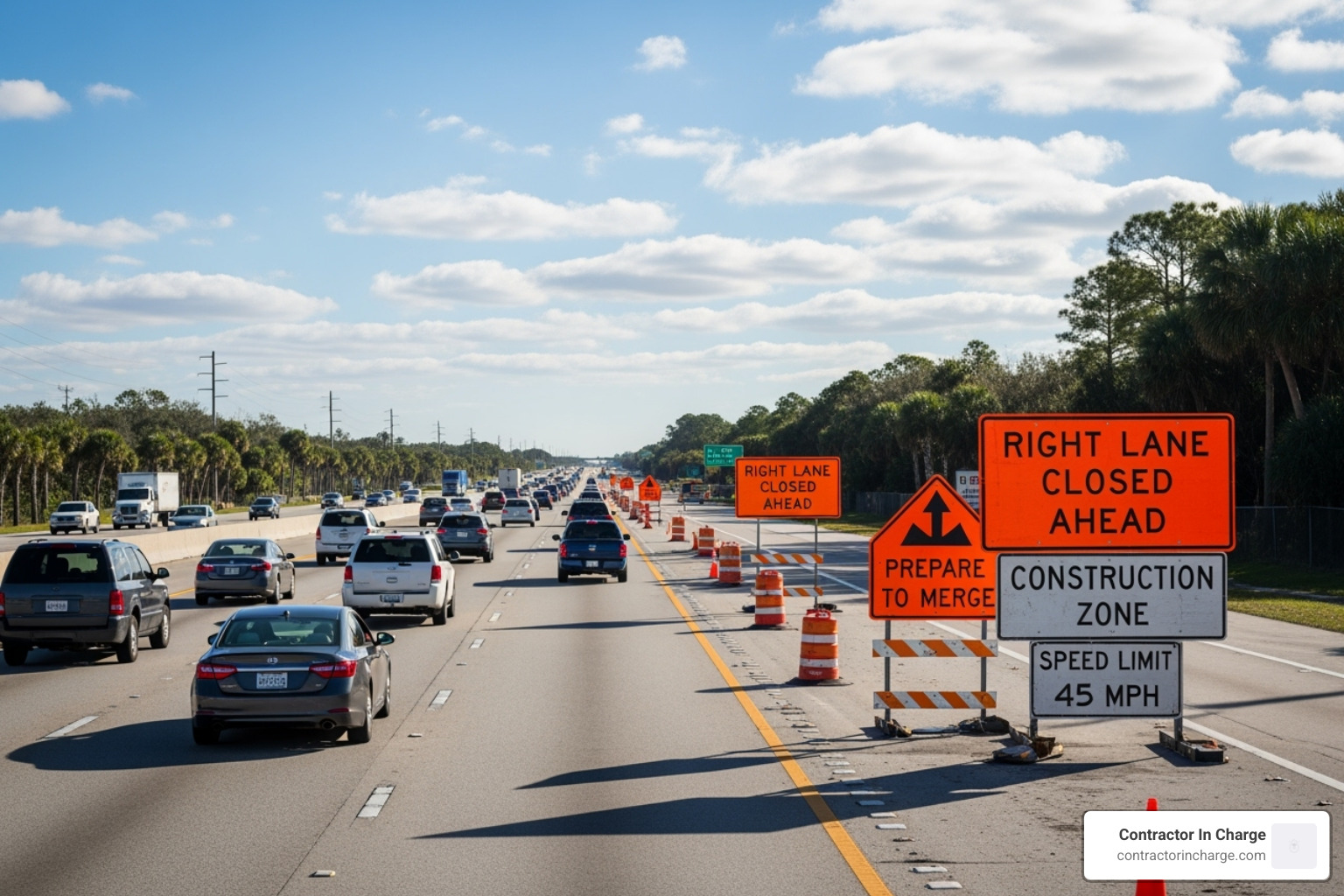 of a busy Florida highway with construction signs - contractor answering service Florida