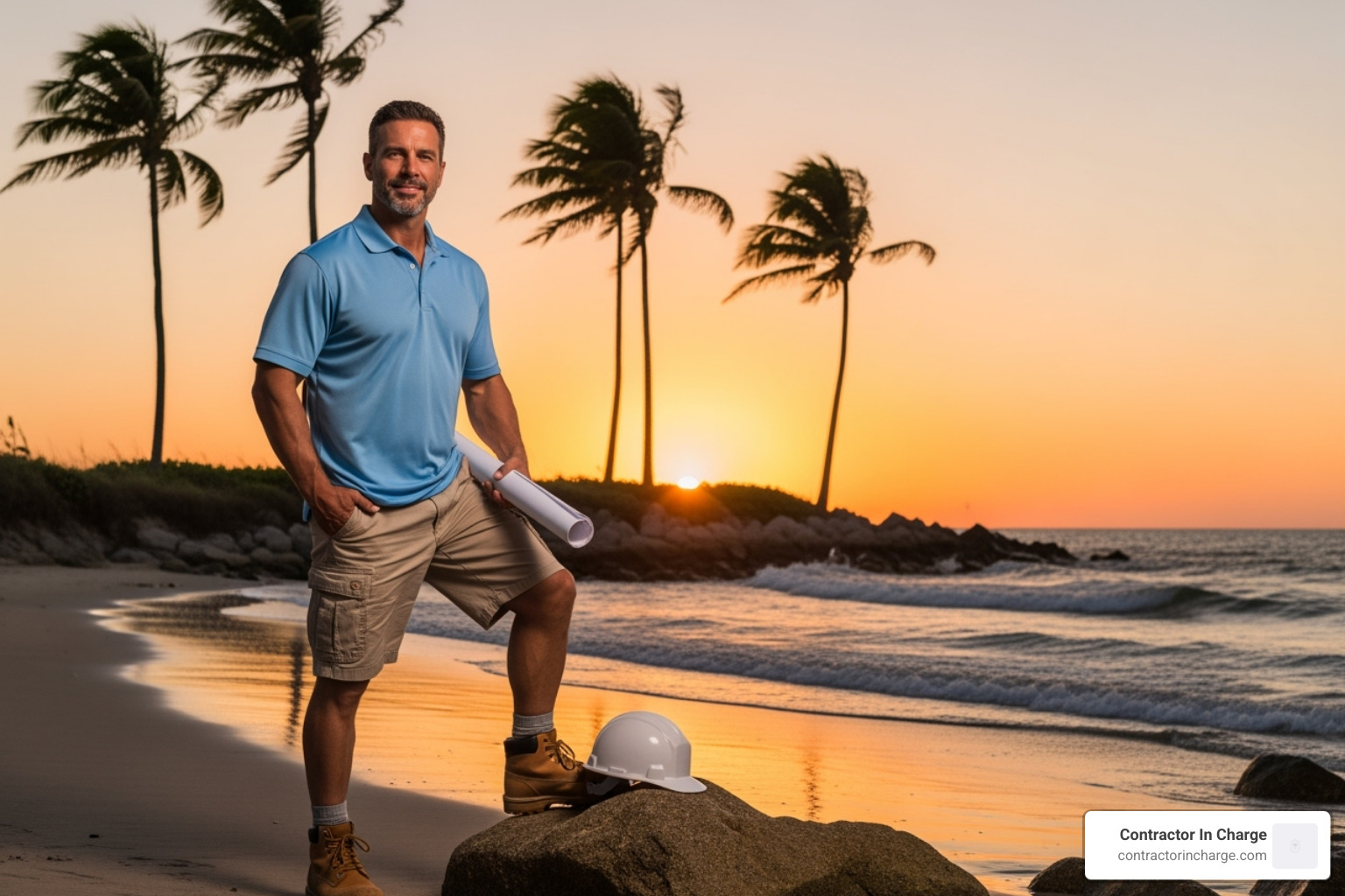of a relaxed contractor enjoying a Florida sunset, confident their business is running smoothly - contractor answering service Florida