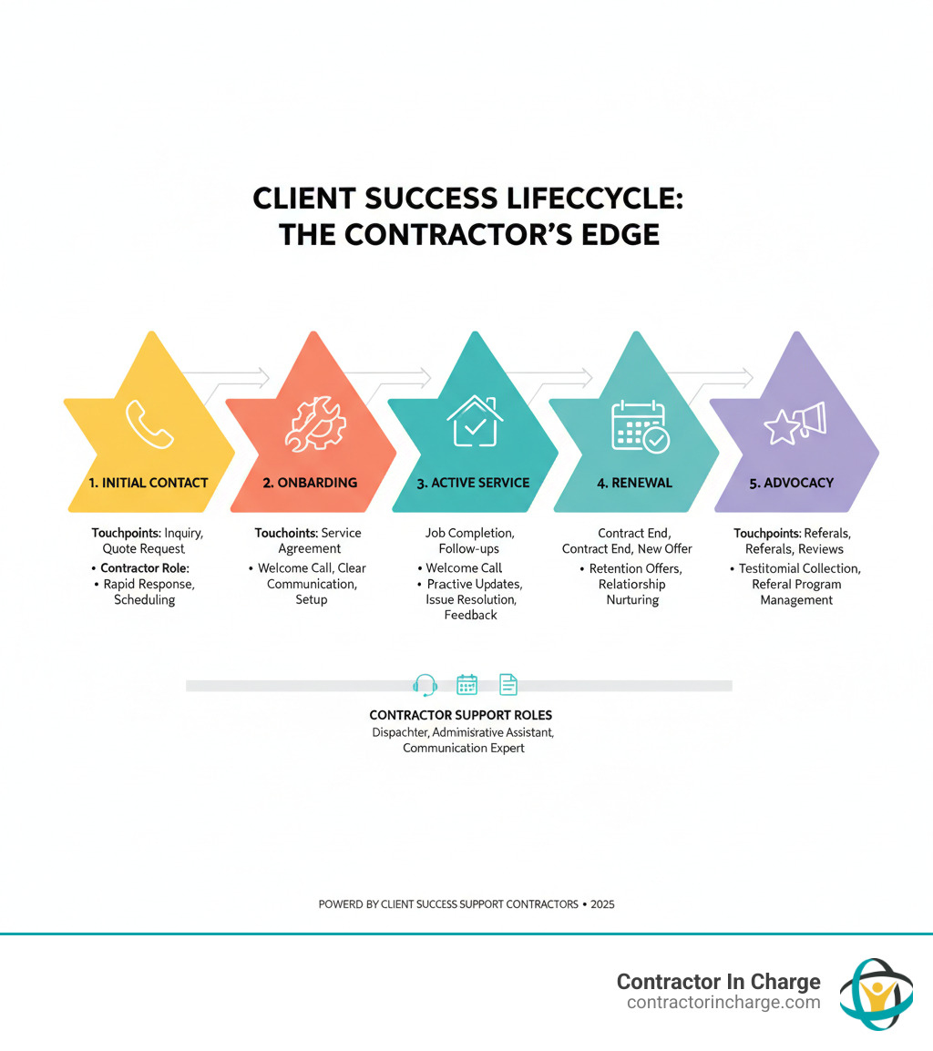 infographic showing the customer lifecycle from initial contact through onboarding, active service, renewal, and advocacy, with key touchpoints and contractor support roles at each stage - client success support contractors infographic 
