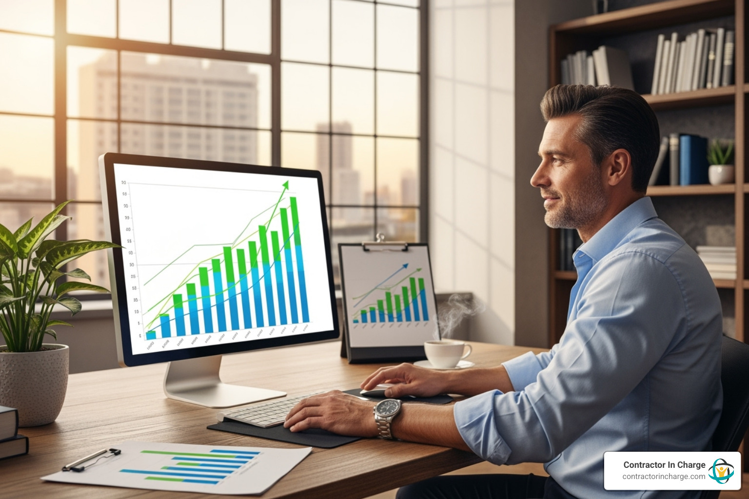 business owner looking relaxed while reviewing positive growth charts - client success support contractors