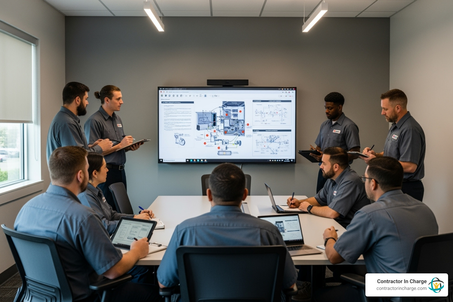 Team of HVAC technicians in a training session looking at a large screen displaying an SOP - sop development for hvac companies