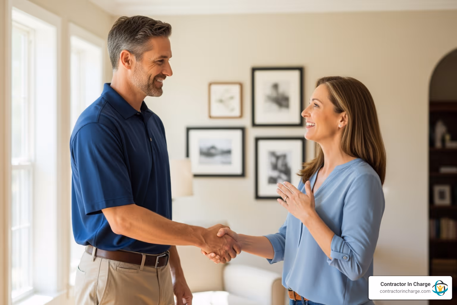 satisfied homeowner shaking hands with a contractor - Who offers business process consulting for contractors to improve efficiency?"