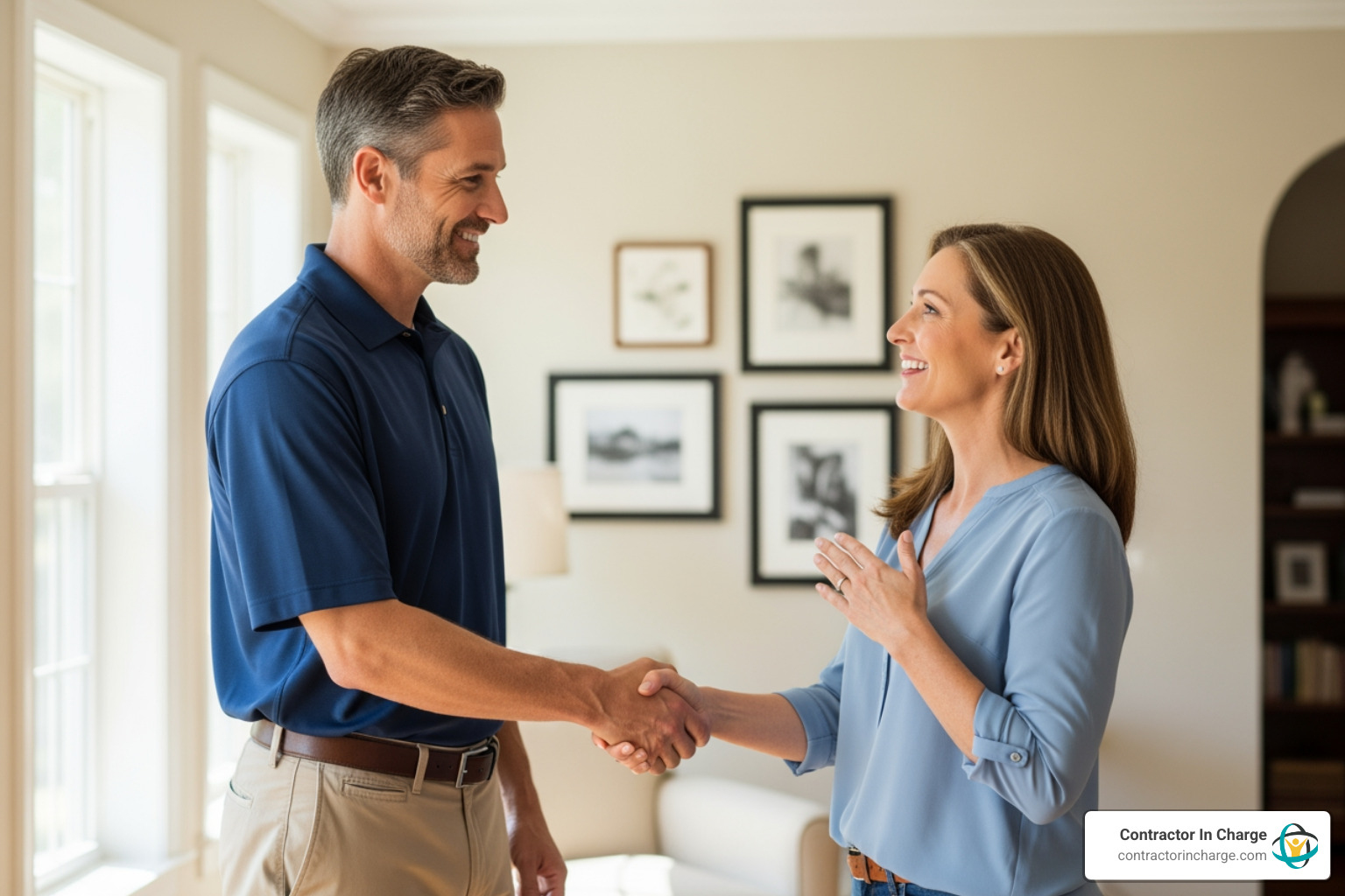 satisfied homeowner shaking hands with a contractor - Who offers business process consulting for contractors to improve efficiency?"