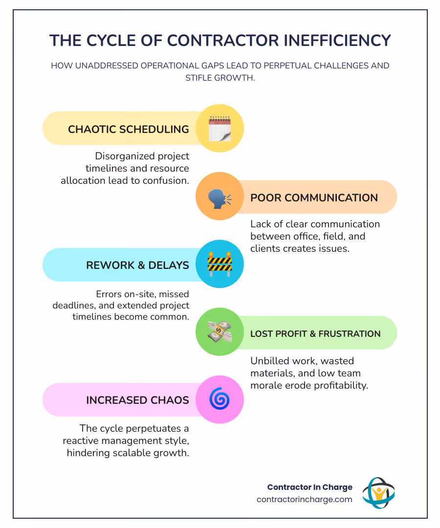 infographic showing the cycle of contractor inefficiency: chaotic scheduling leads to poor communication, which causes rework and delays, resulting in lost profit and team frustration, which circles back to more chaos - Who offers business process consulting for contractors to improve efficiency?" infographic infographic-line-5-steps-colors