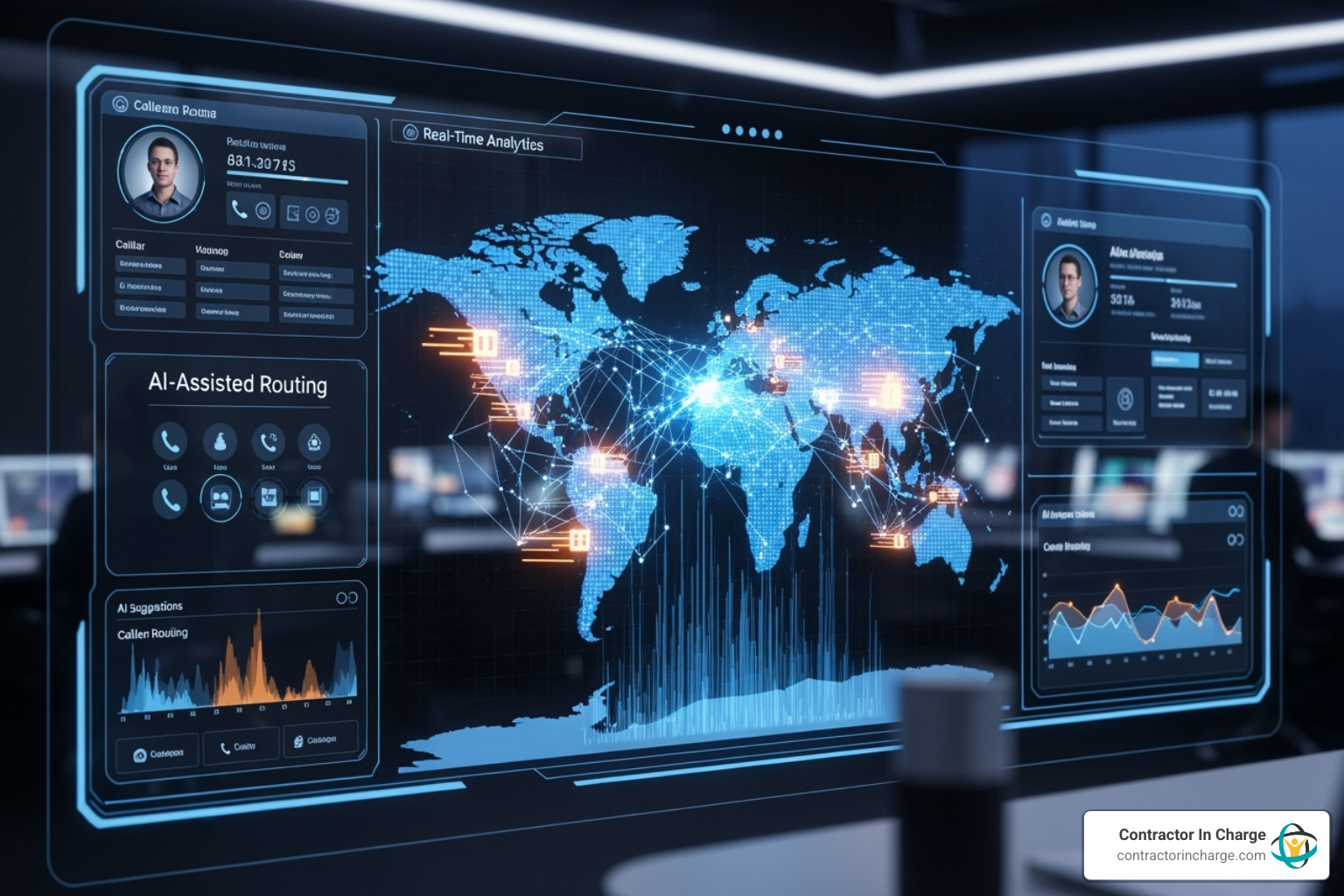 A futuristic interface showing AI-assisted call routing - trade‑specialized answering service